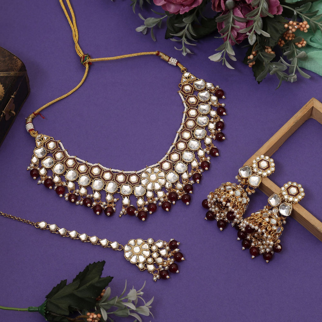 Elegant Maroon Color Meena Work Kundan Necklace Set Designed For Weddings And Traditional Celebrations - Maroon