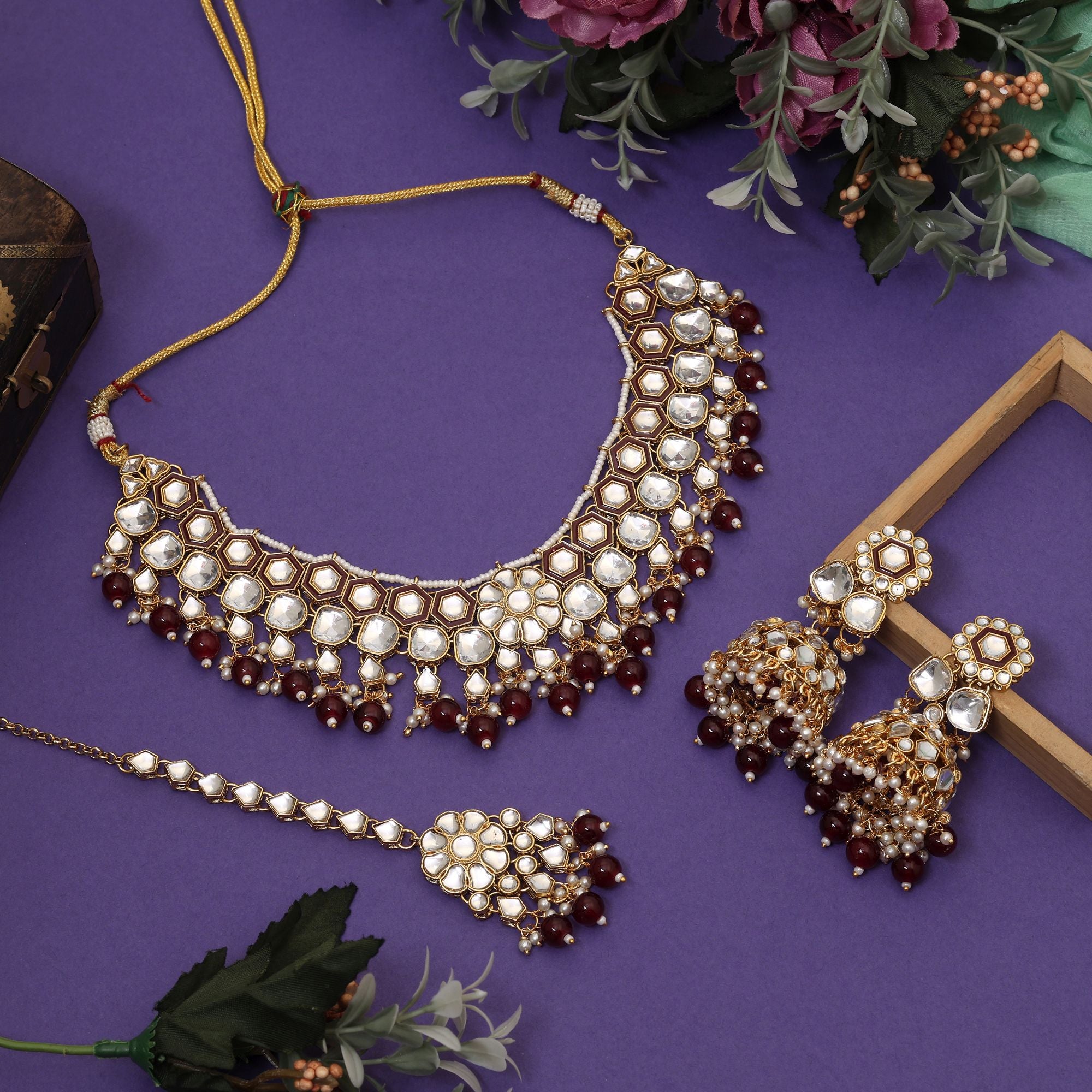 Elegant Maroon Color Meena Work Kundan Necklace Set Designed For Weddings And Traditional Celebrations - Maroon