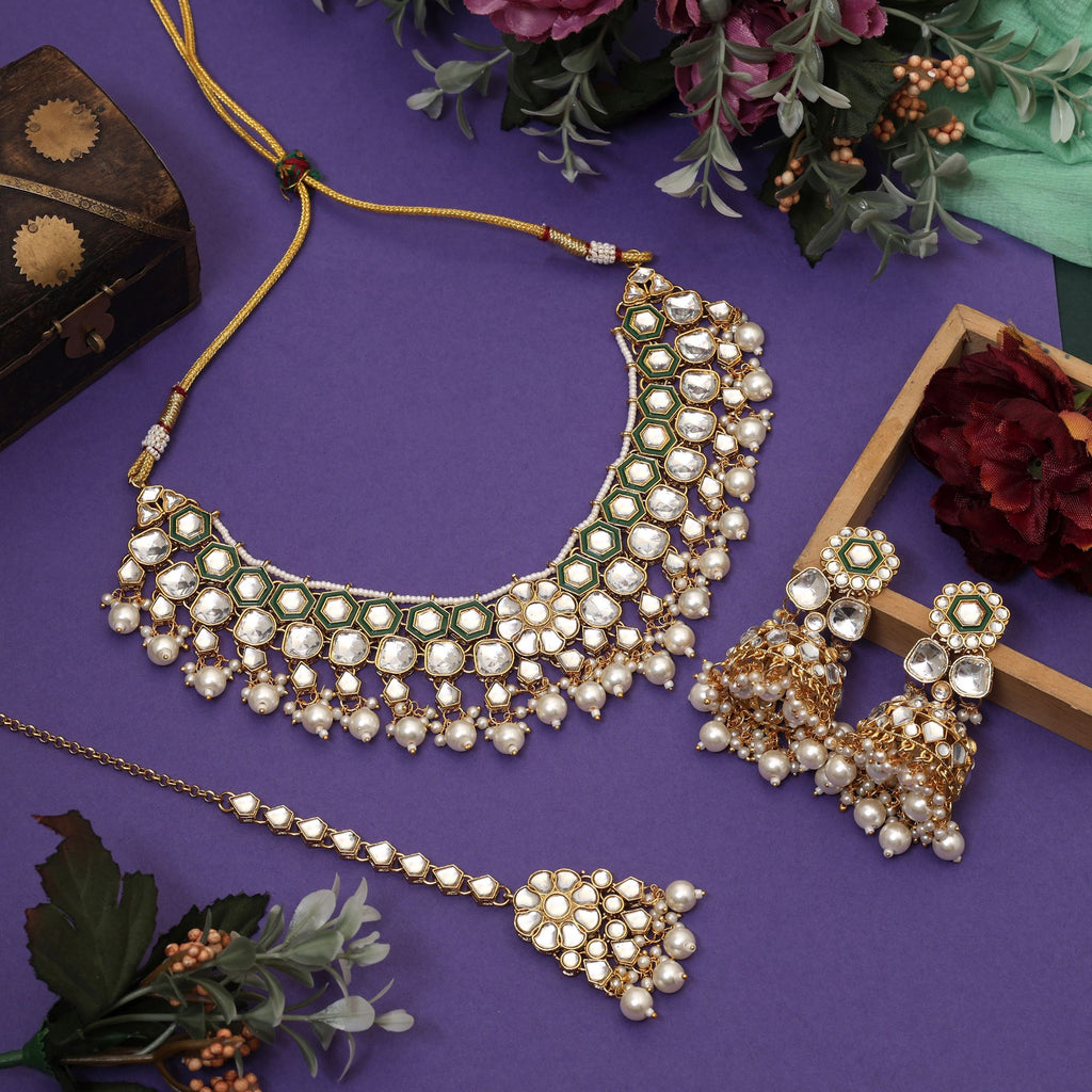 Gorgeous White Color Meena Work Kundan Necklace Set Perfect For Brides, Festivals, And Party Occasions - White