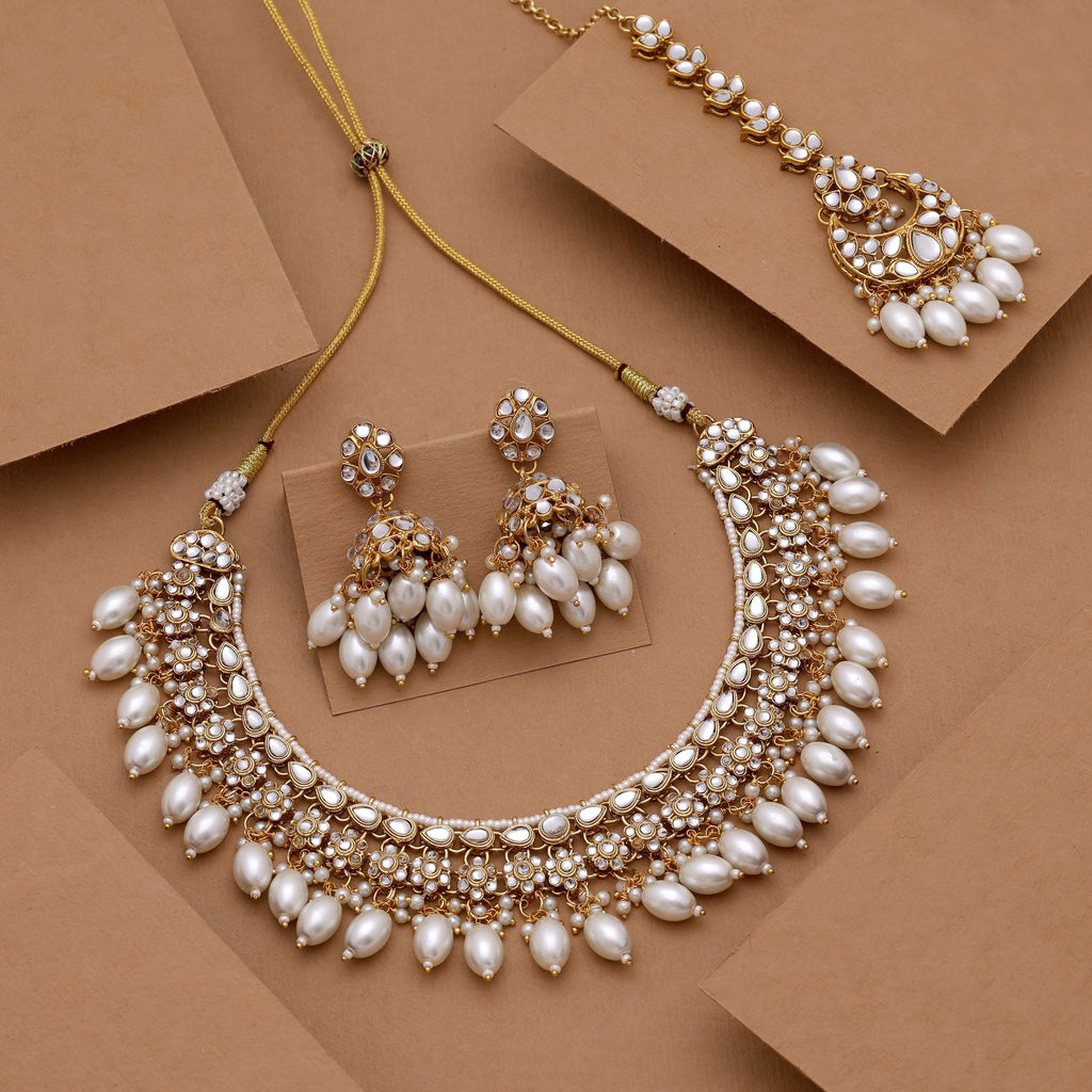 Premium White Color Kundan Necklace Set With Exquisite Traditional Indian Jewellery - White