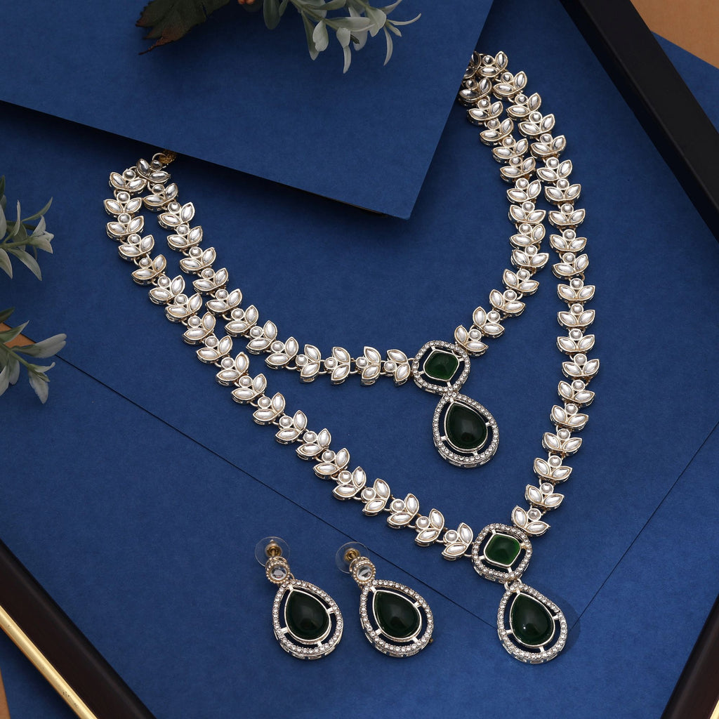 Designer Green Color Kundan Necklace Set With Intricate Stones Perfect For Ethnic Outfits - Green