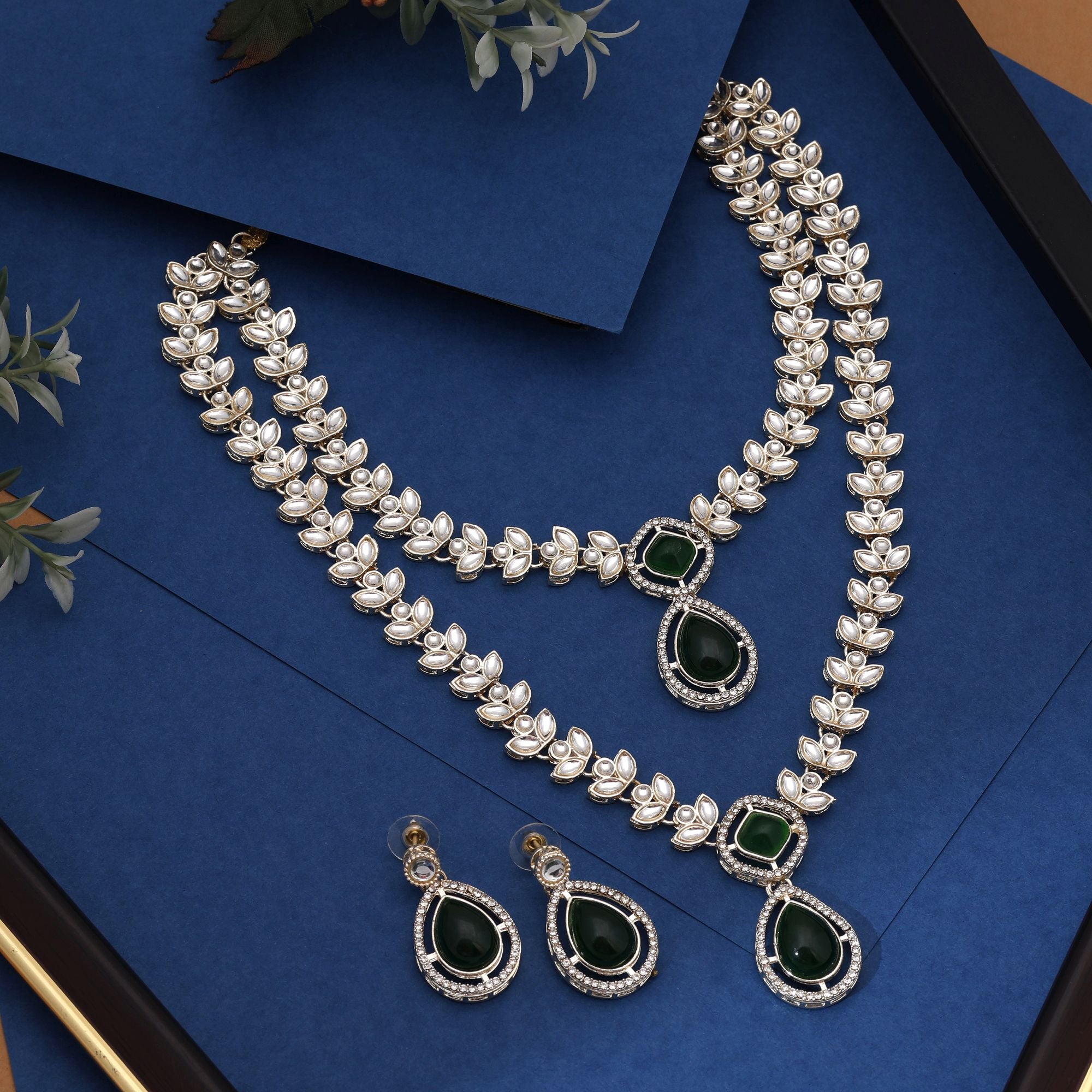 Designer Green Color Kundan Necklace Set With Intricate Stones Perfect For Ethnic Outfits - Green