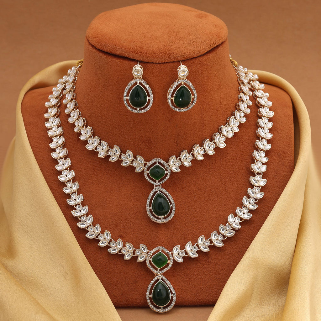 Designer Green Color Kundan Necklace Set With Intricate Stones Perfect For Ethnic Outfits - Green