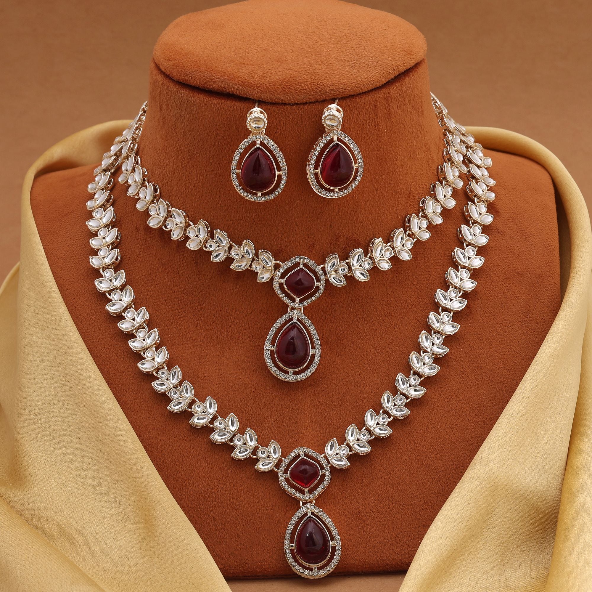 Traditional Maroon Color Kundan Necklace Set With Elegant Work For Cultural Celebrations - Maroon