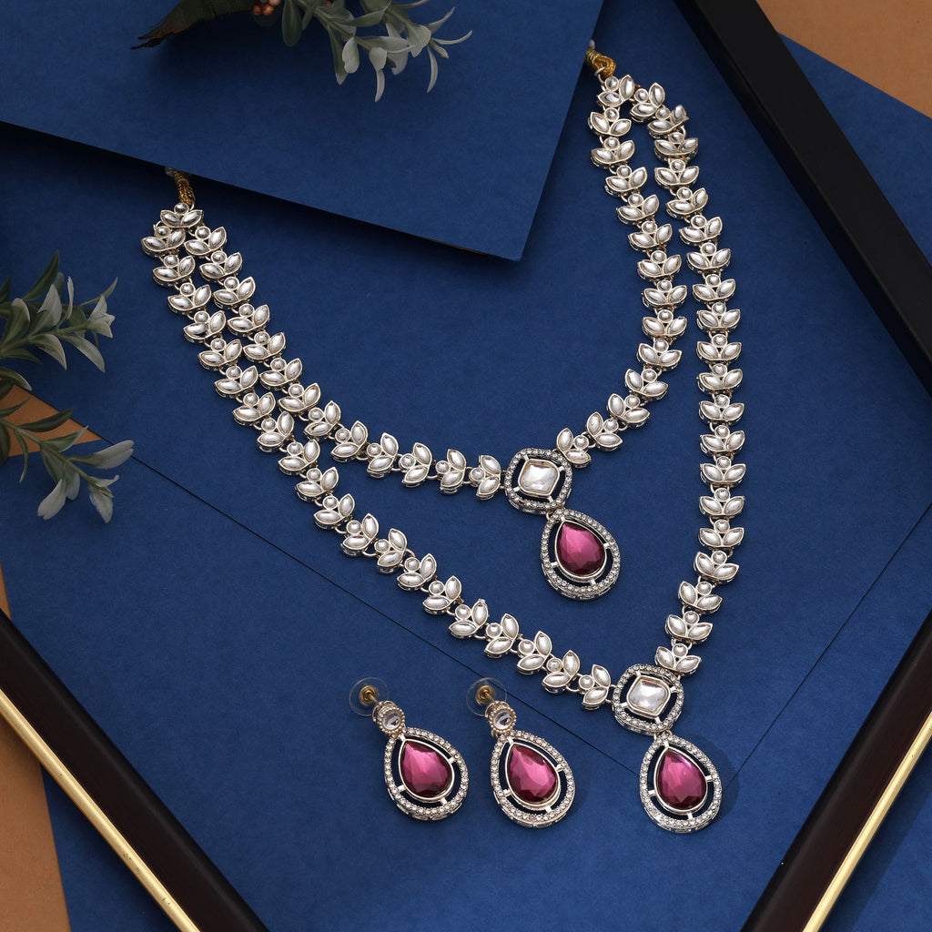 Luxurious Purple Color Kundan Necklace Set With Matching Earrings For Bridal Collections - Purple
