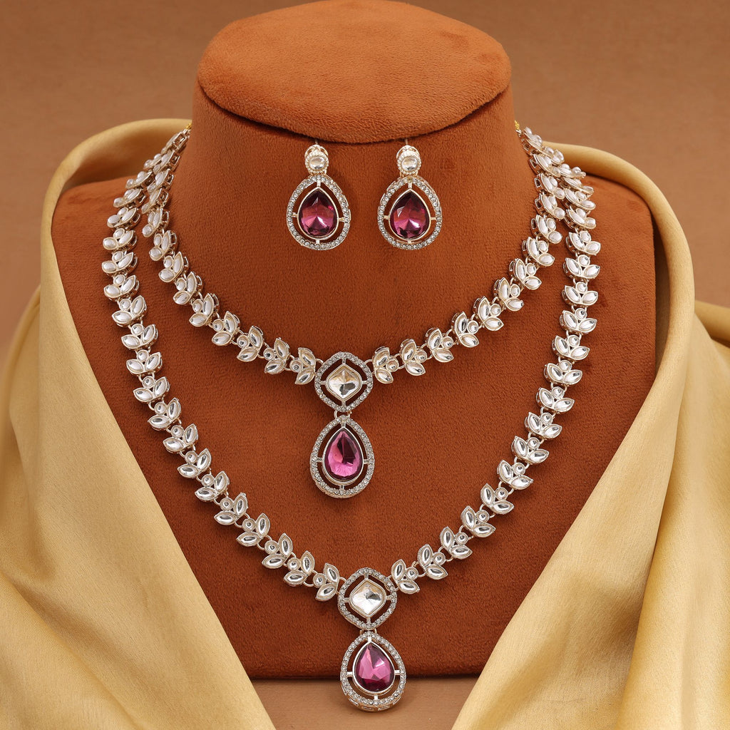 Luxurious Purple Color Kundan Necklace Set With Matching Earrings For Bridal Collections - Purple