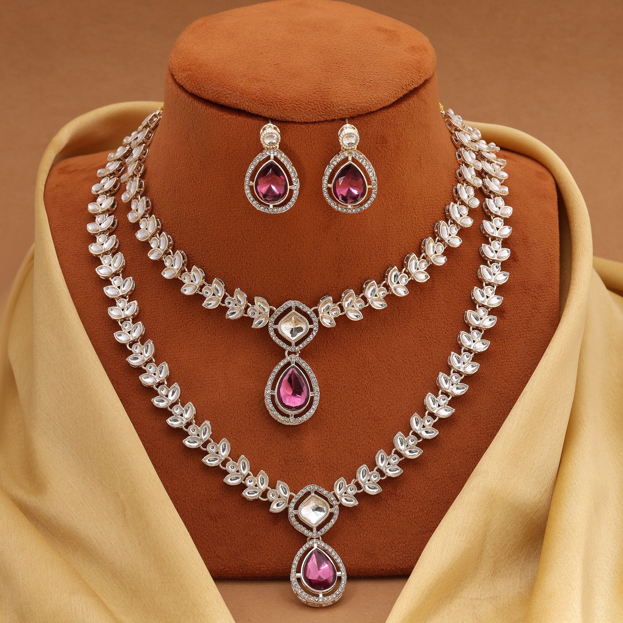 Luxurious Purple Color Kundan Necklace Set With Matching Earrings For Bridal Collections - Purple