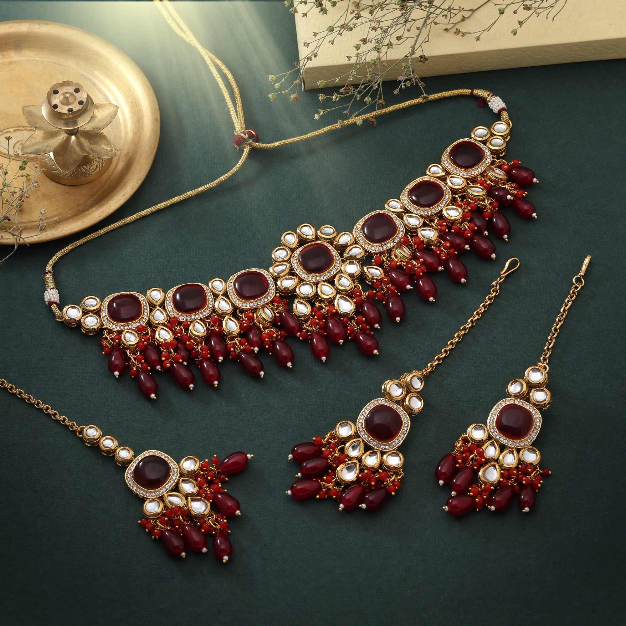 Bridal Choker Style Traditional Back Side Meena Work Kundan Necklace Set For Festive Events