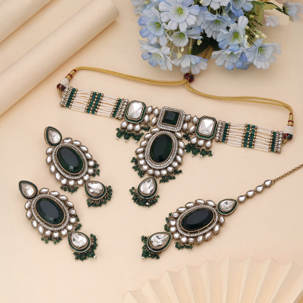 Green Color Choker Kundan Necklace Set With Royal Festive Statement Look - Green