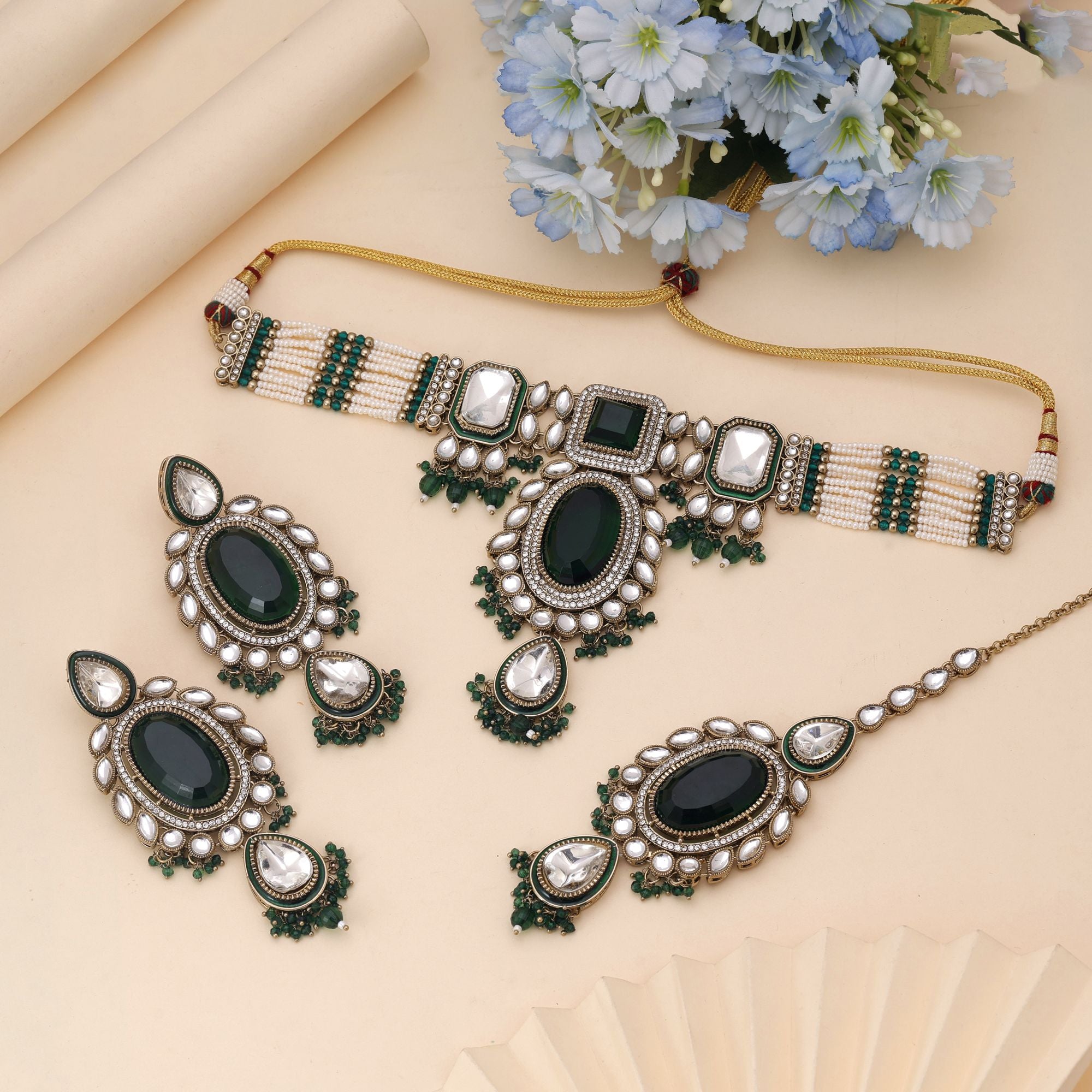 Green Color Choker Kundan Necklace Set With Royal Festive Statement Look - Green
