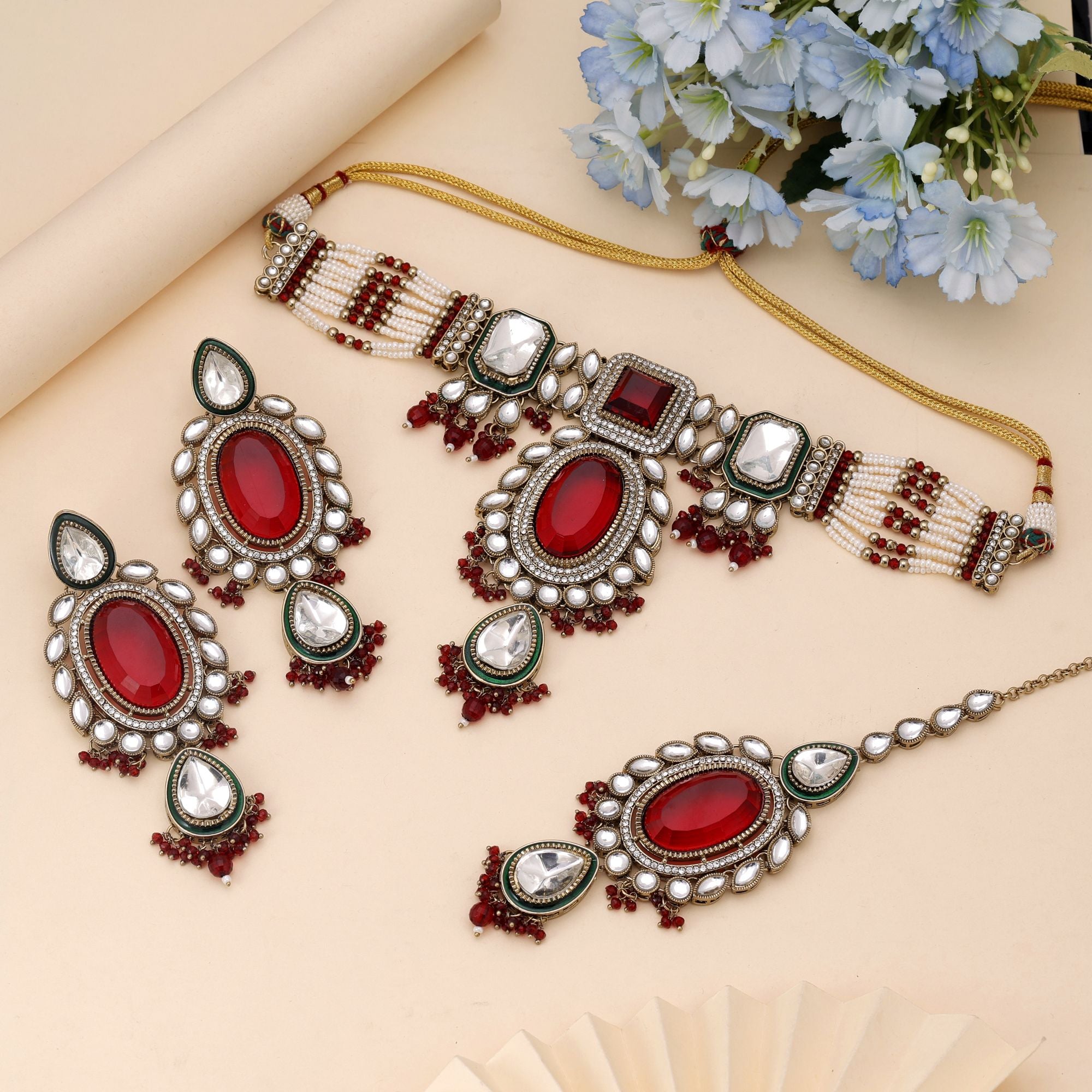 Maroon Color Choker Kundan Necklace Set Designed For Bridal Festive Wear - Maroon