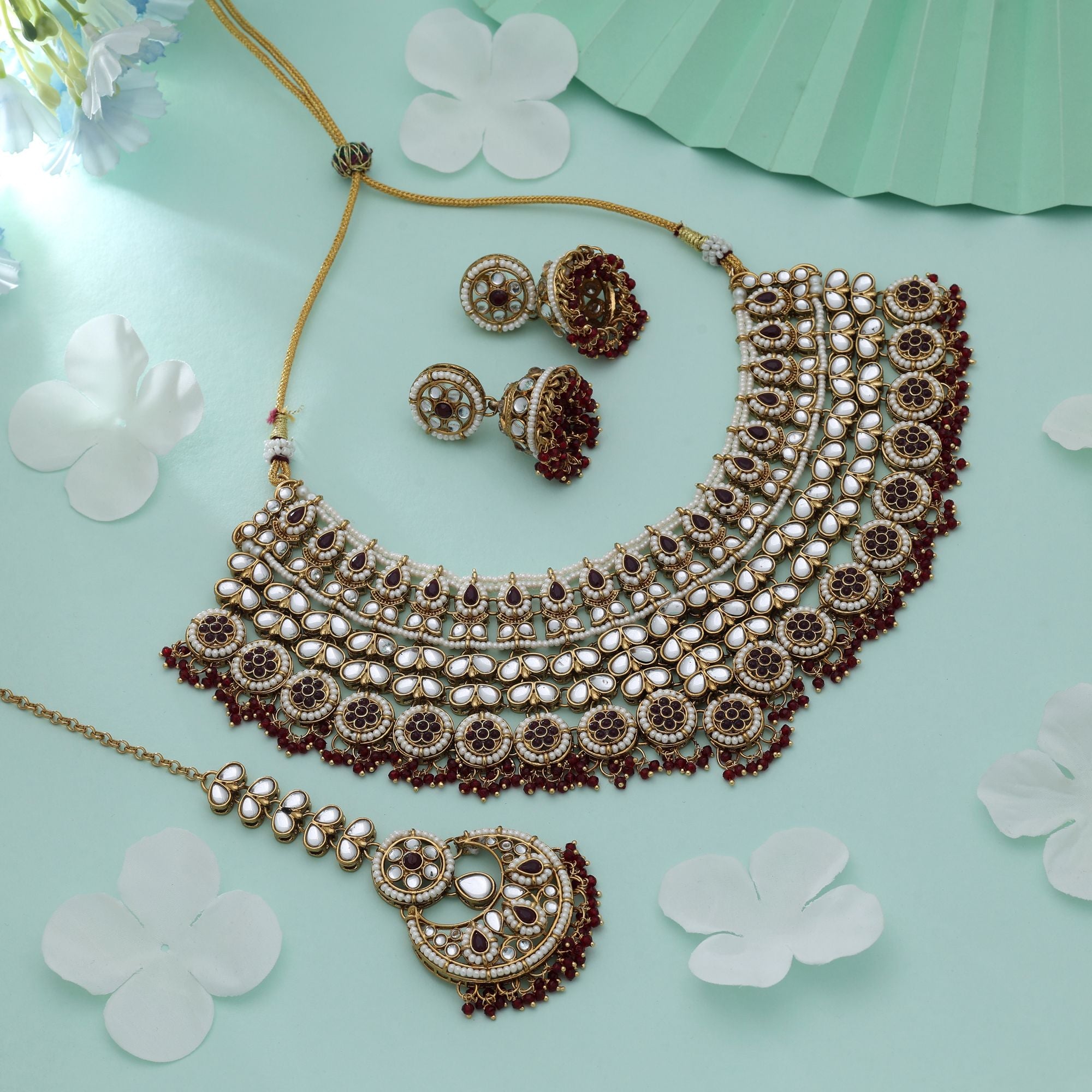 Maroon Color Kundan Necklace Set With Royal Ethnic Bridal Style Stone Work Design - Maroon