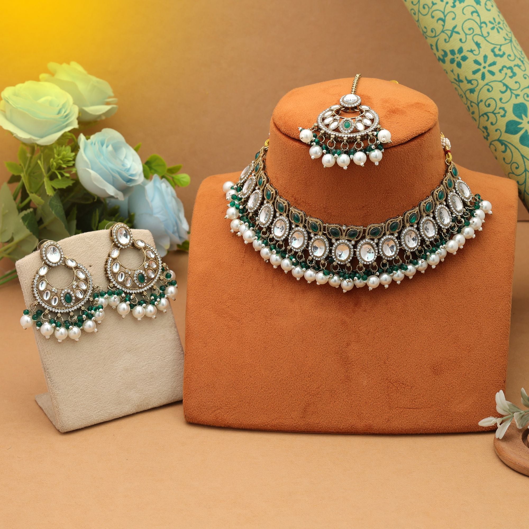 Beautiful Green Color Kundan Necklace Set Designer Occasion Wear Collection