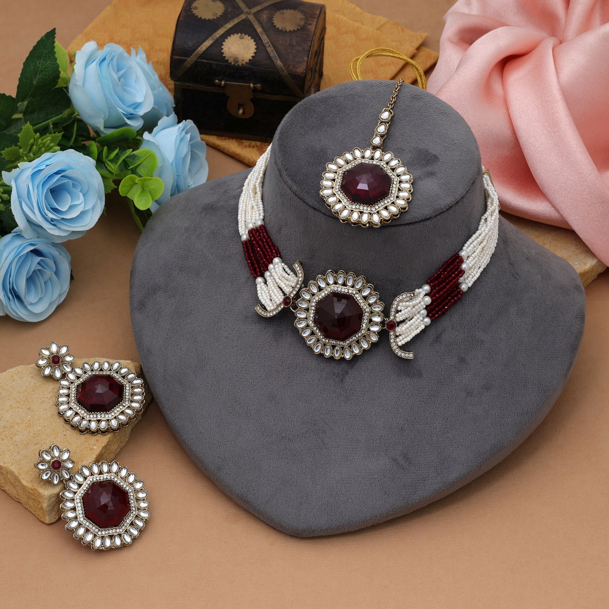 Grand Maroon Color Choker Kundan Necklace Set Premium Design Collection