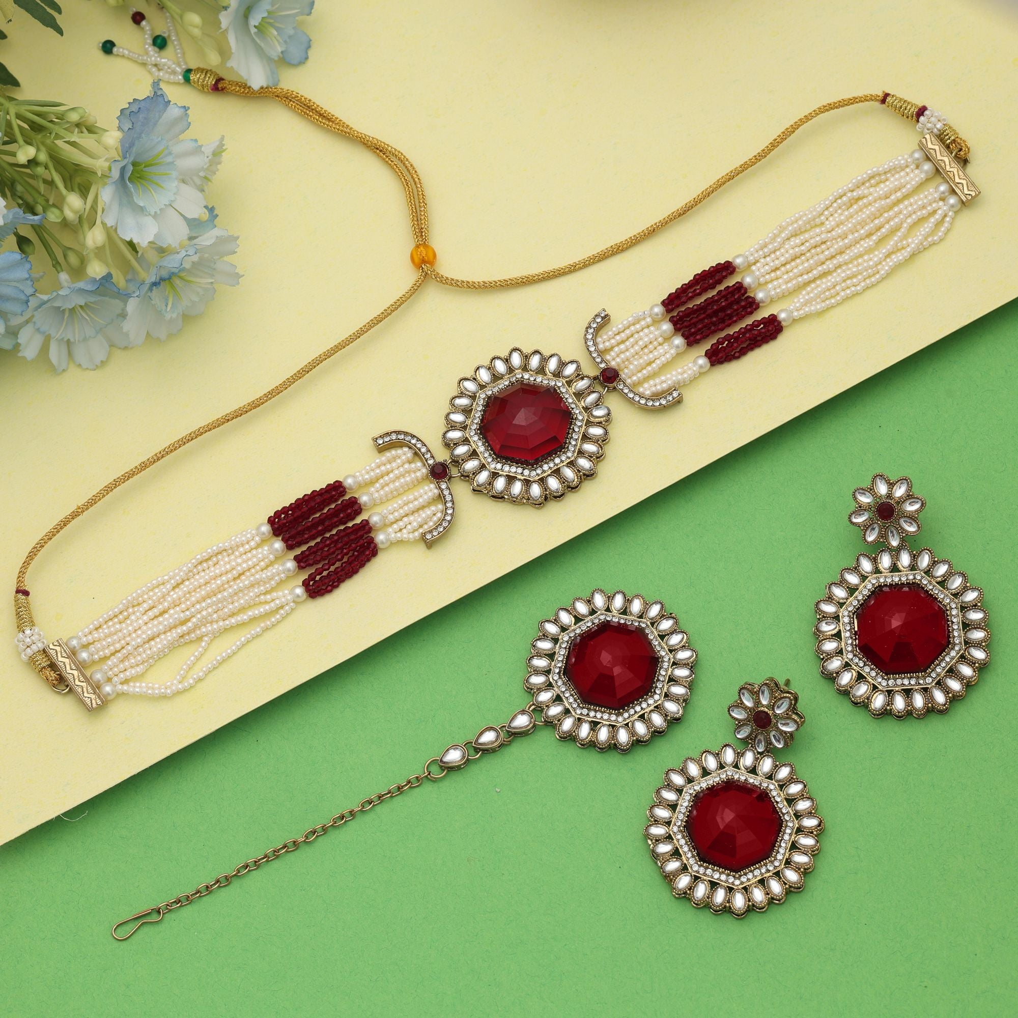 Grand Maroon Color Choker Kundan Necklace Set Premium Design Collection
