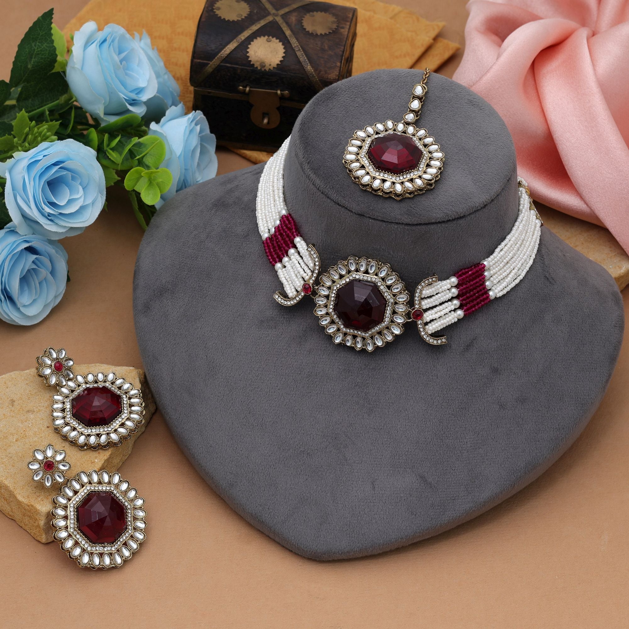 Grand Maroon Color Choker Kundan Necklace Set Premium Design Collection