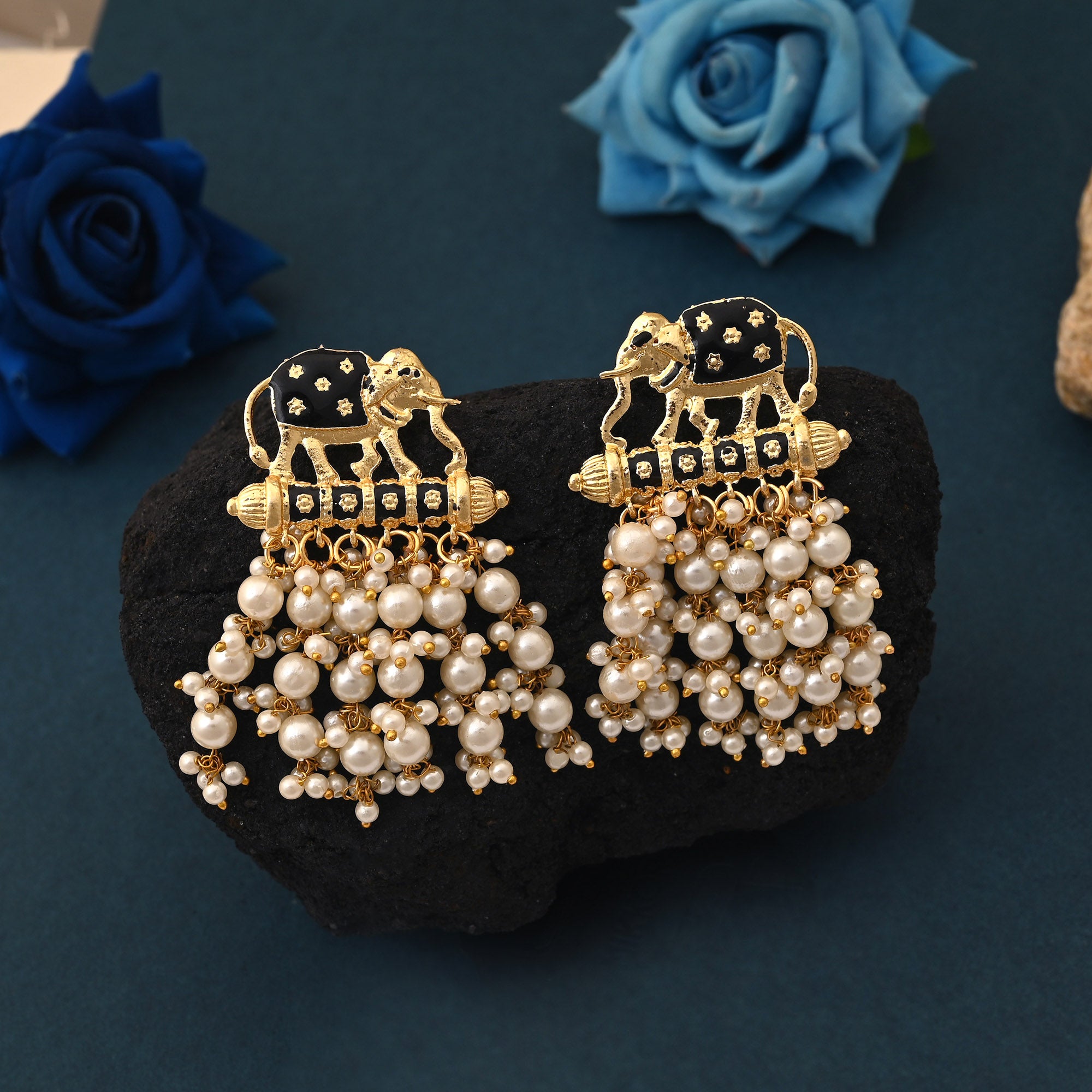 Stylish Black Color Elephant Design Meenakari Earrings Perfect For Ethnic Party Fashion