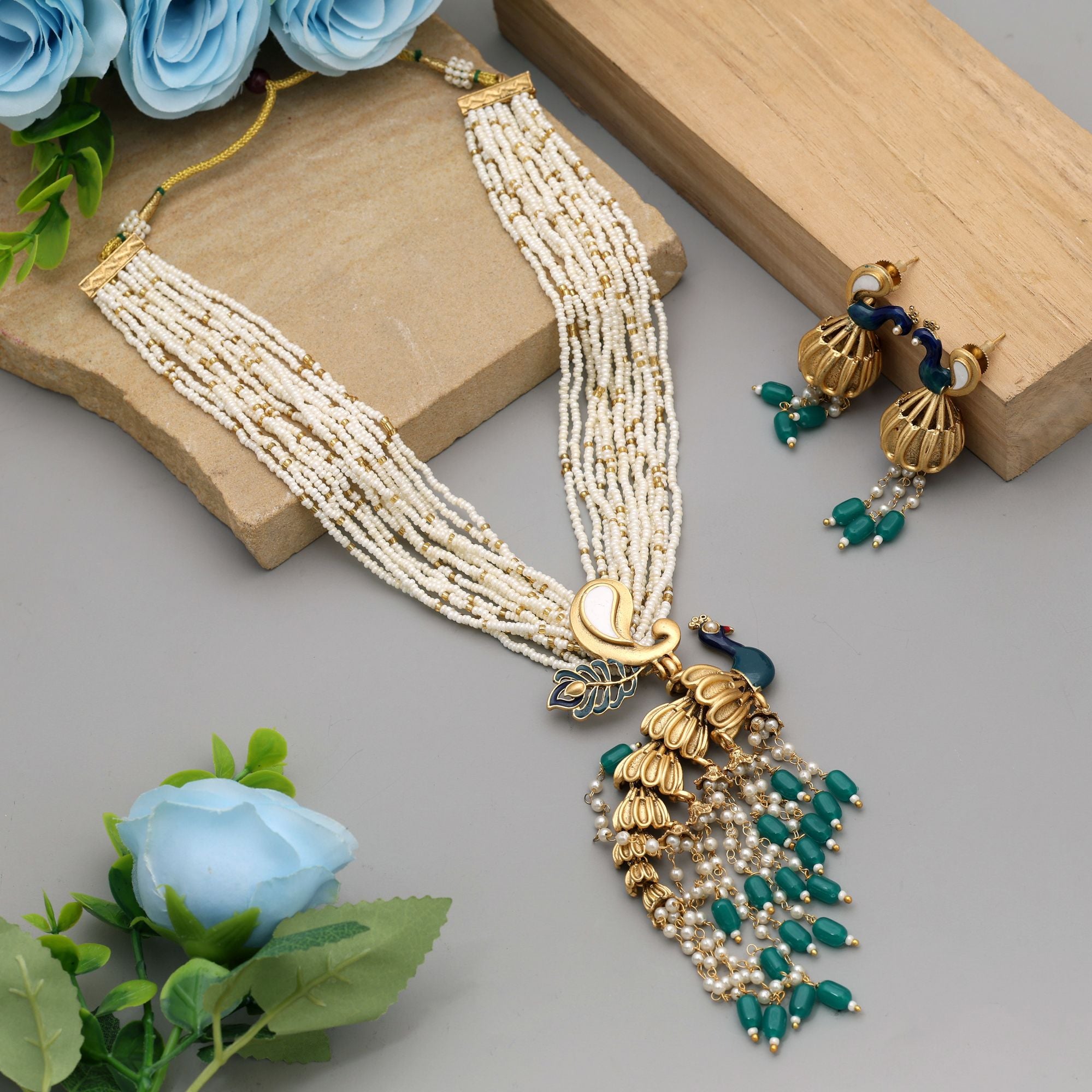 Green Color Peacock Inspired Matte Gold Necklace Set For Elegant Traditional Festive Styling - Green