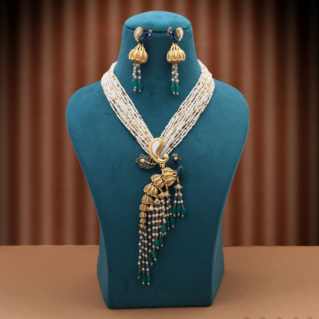 Green Color Peacock Inspired Matte Gold Necklace Set For Elegant Traditional Festive Styling - Green