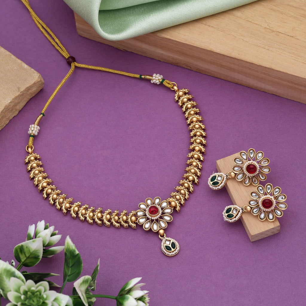 Rani & Green Color Matte Gold Necklace Set With Antique Finish Ethnic Elegance - Rani & Green