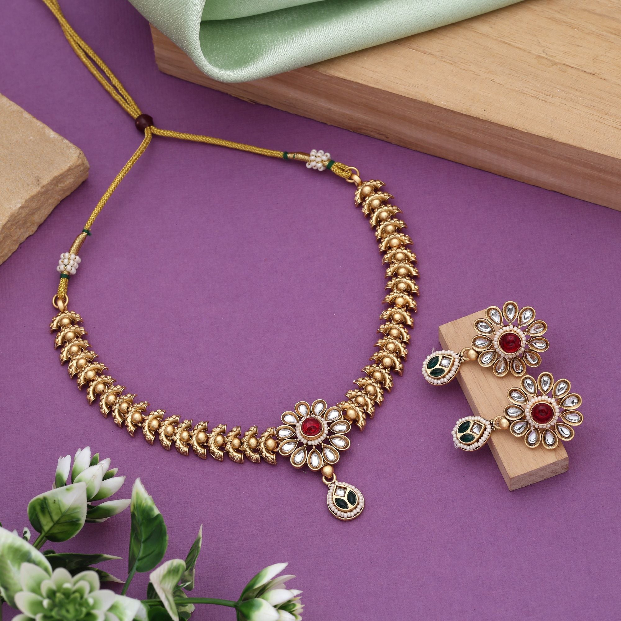 Rani & Green Color Matte Gold Necklace Set With Antique Finish Ethnic Elegance - Rani & Green