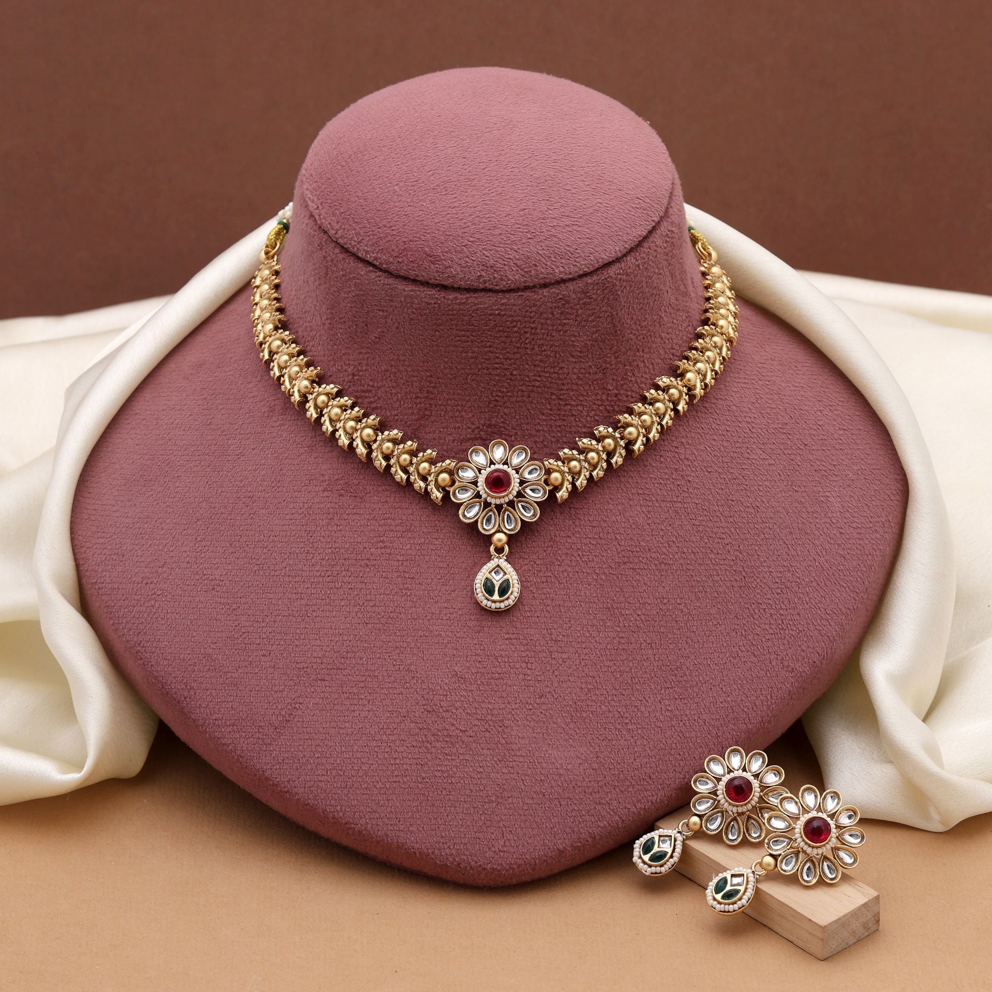 Rani & Green Color Matte Gold Necklace Set With Antique Finish Ethnic Elegance - Rani & Green