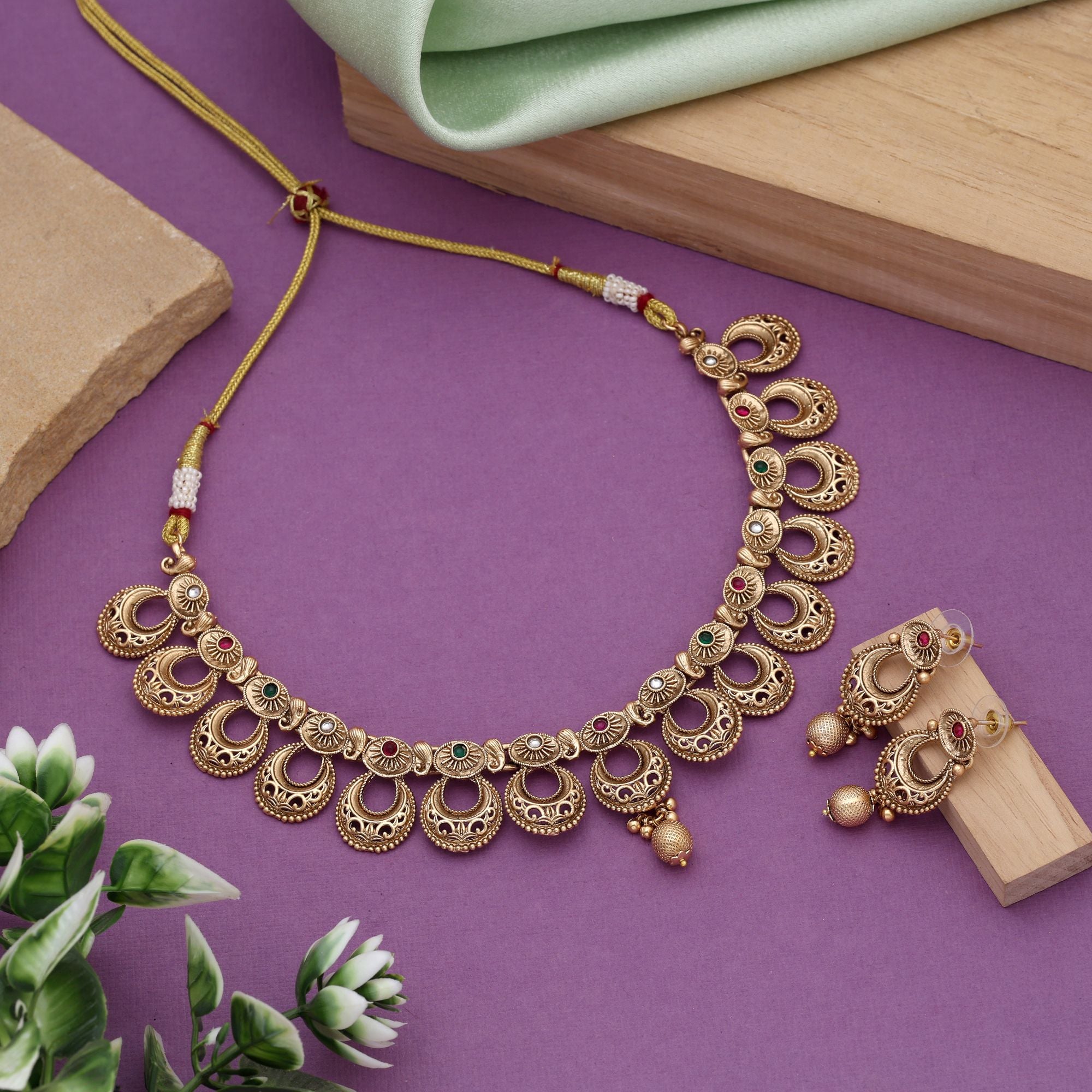 Rani & Green Color Matte Gold Necklace Set Designed For Statement Traditional Wear - Rani & Green