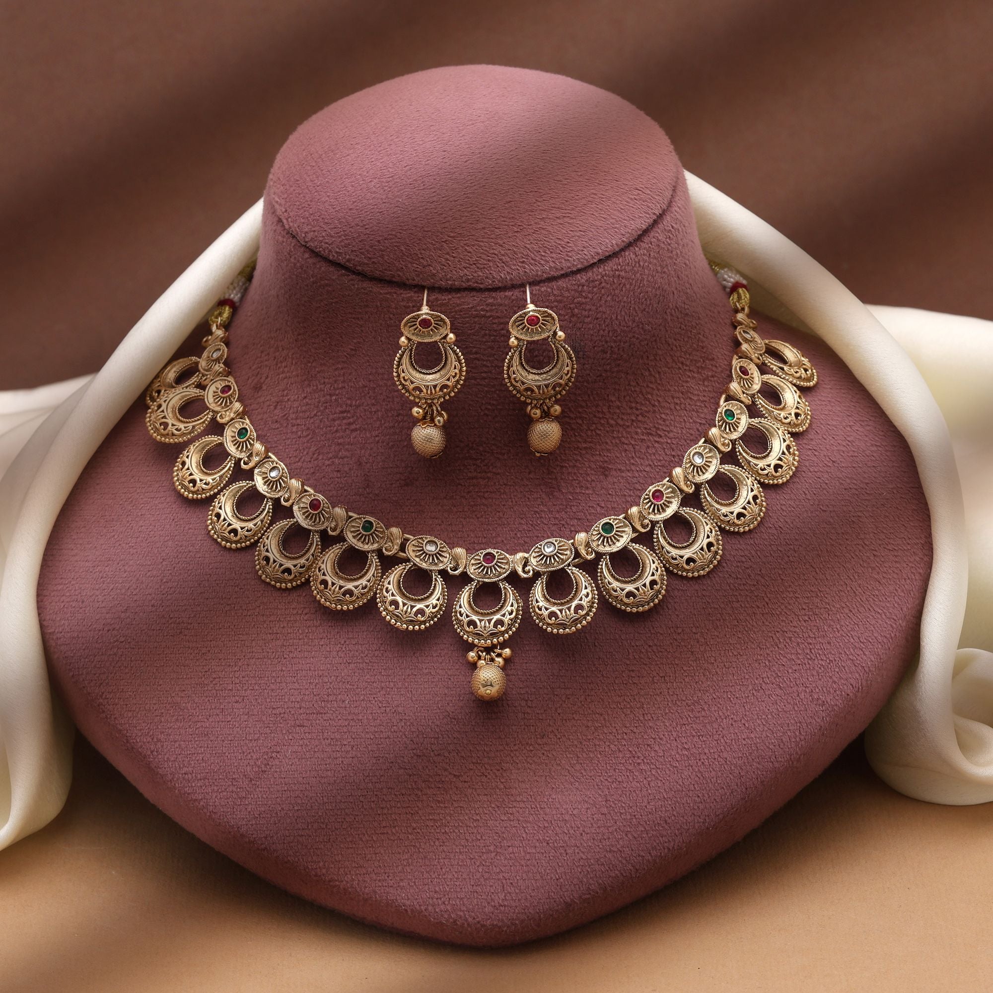 Rani & Green Color Matte Gold Necklace Set Designed For Statement Traditional Wear - Rani & Green