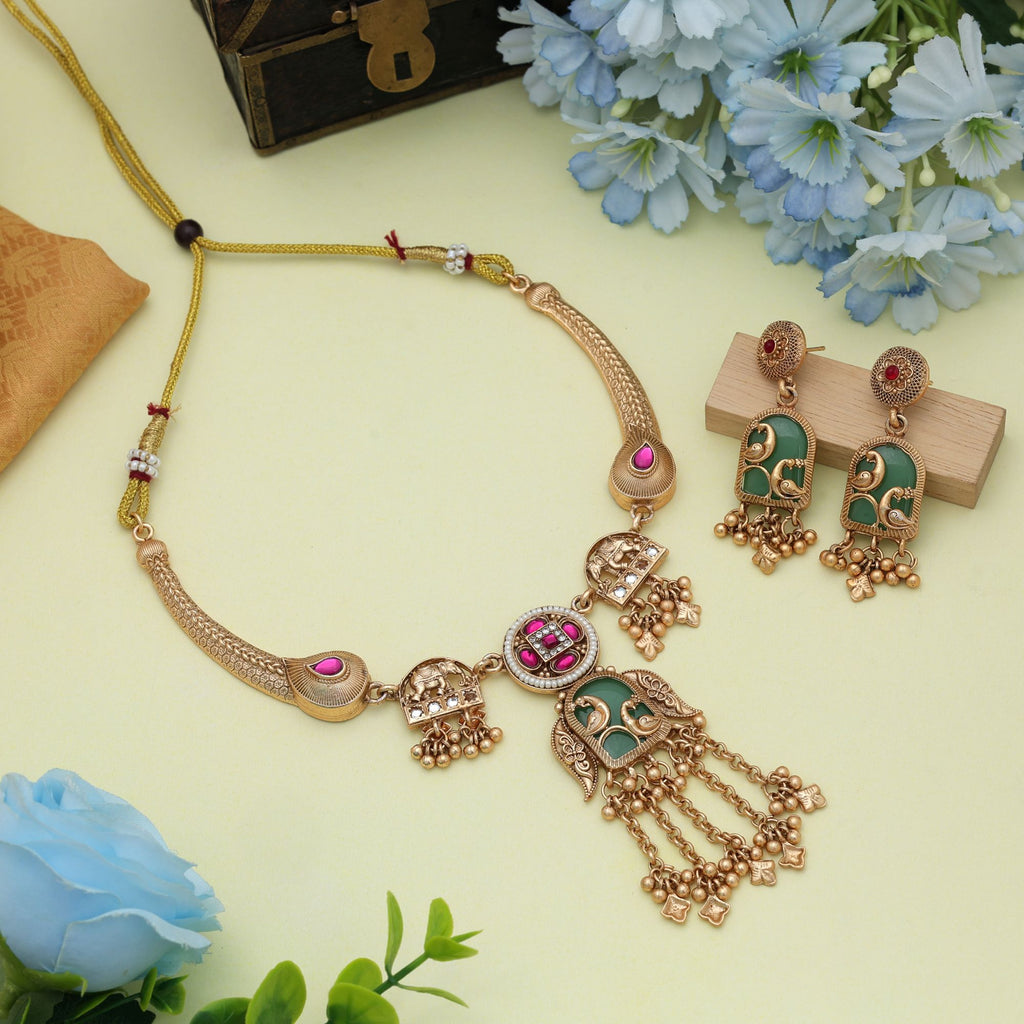 Rani & Green Color Matte Gold Necklace Set Designer Traditional Party Wear Elegant Jewelry - Rani & Green