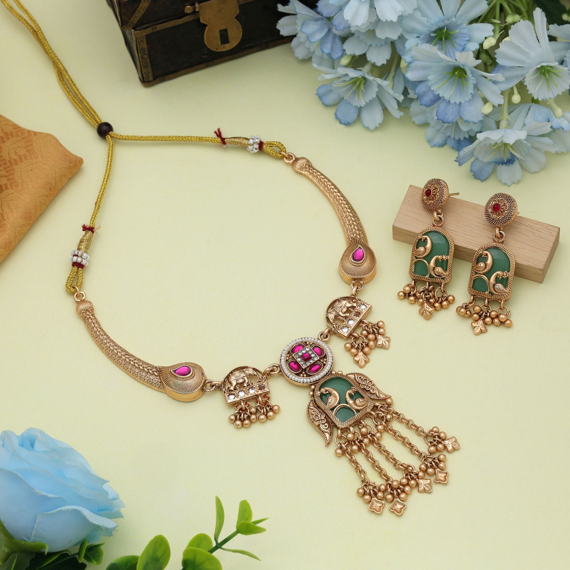 Rani & Green Color Matte Gold Necklace Set Designer Traditional Party Wear Elegant Jewelry - Rani & Green