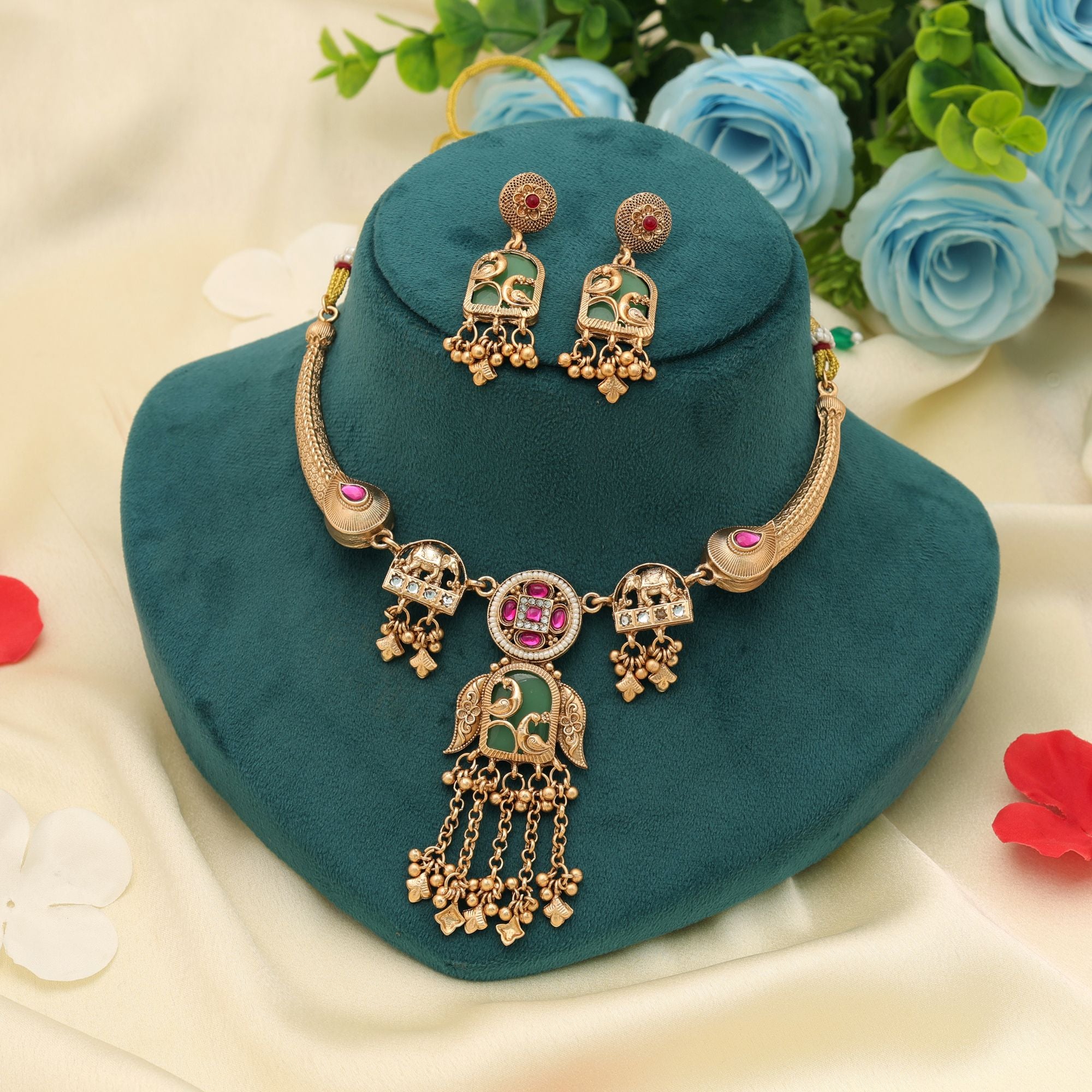 Rani & Green Color Matte Gold Necklace Set Designer Traditional Party Wear Elegant Jewelry - Rani & Green