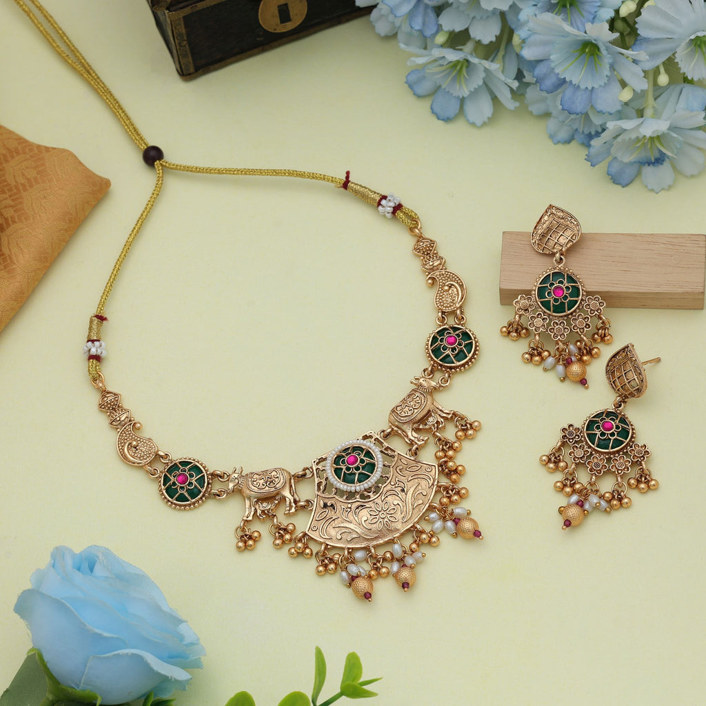 Rani & Green Color Matte Gold Necklace Set Premium Ethnic Wedding Festive Jewelry Design - Rani & Green