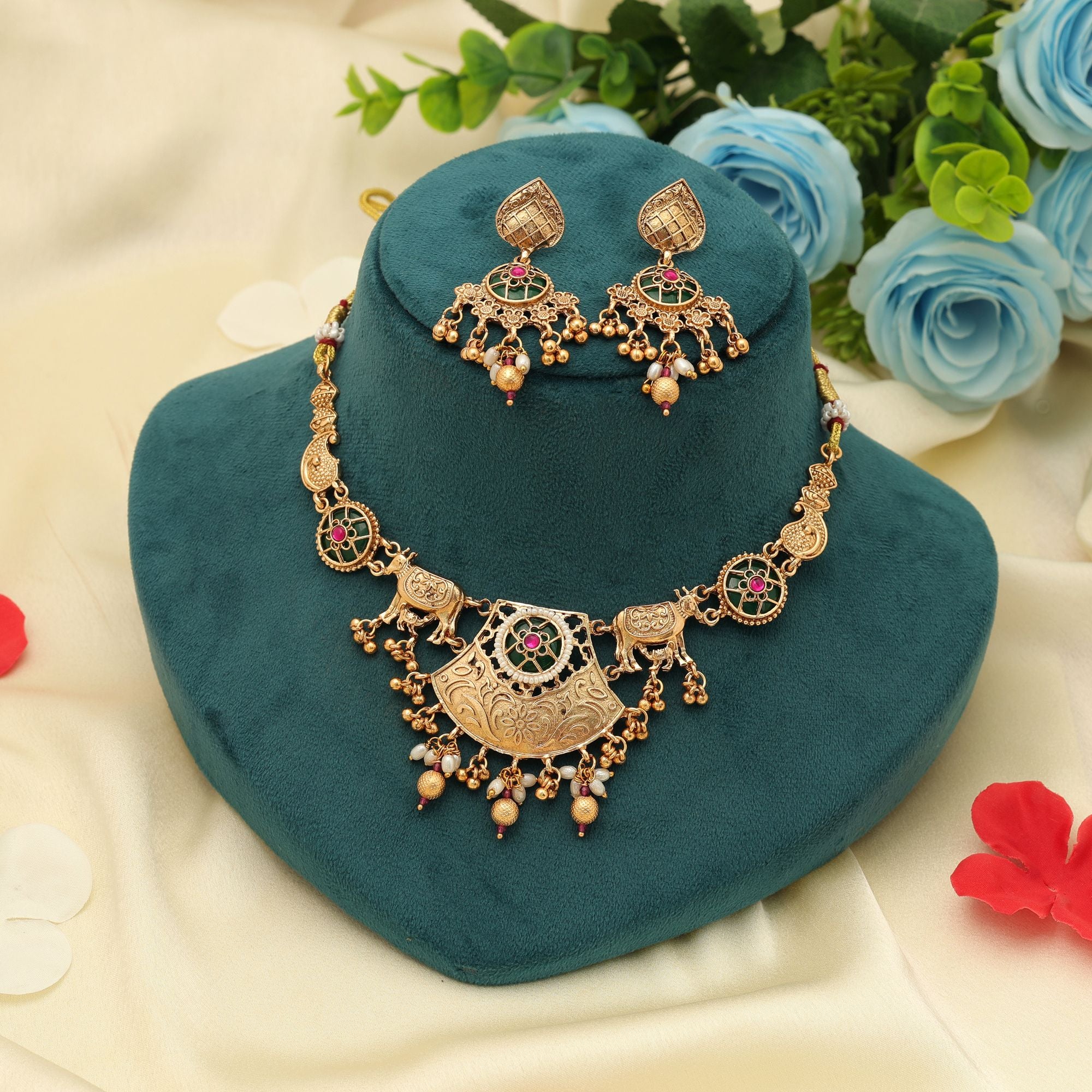 Rani & Green Color Matte Gold Necklace Set Premium Ethnic Wedding Festive Jewelry Design - Rani & Green