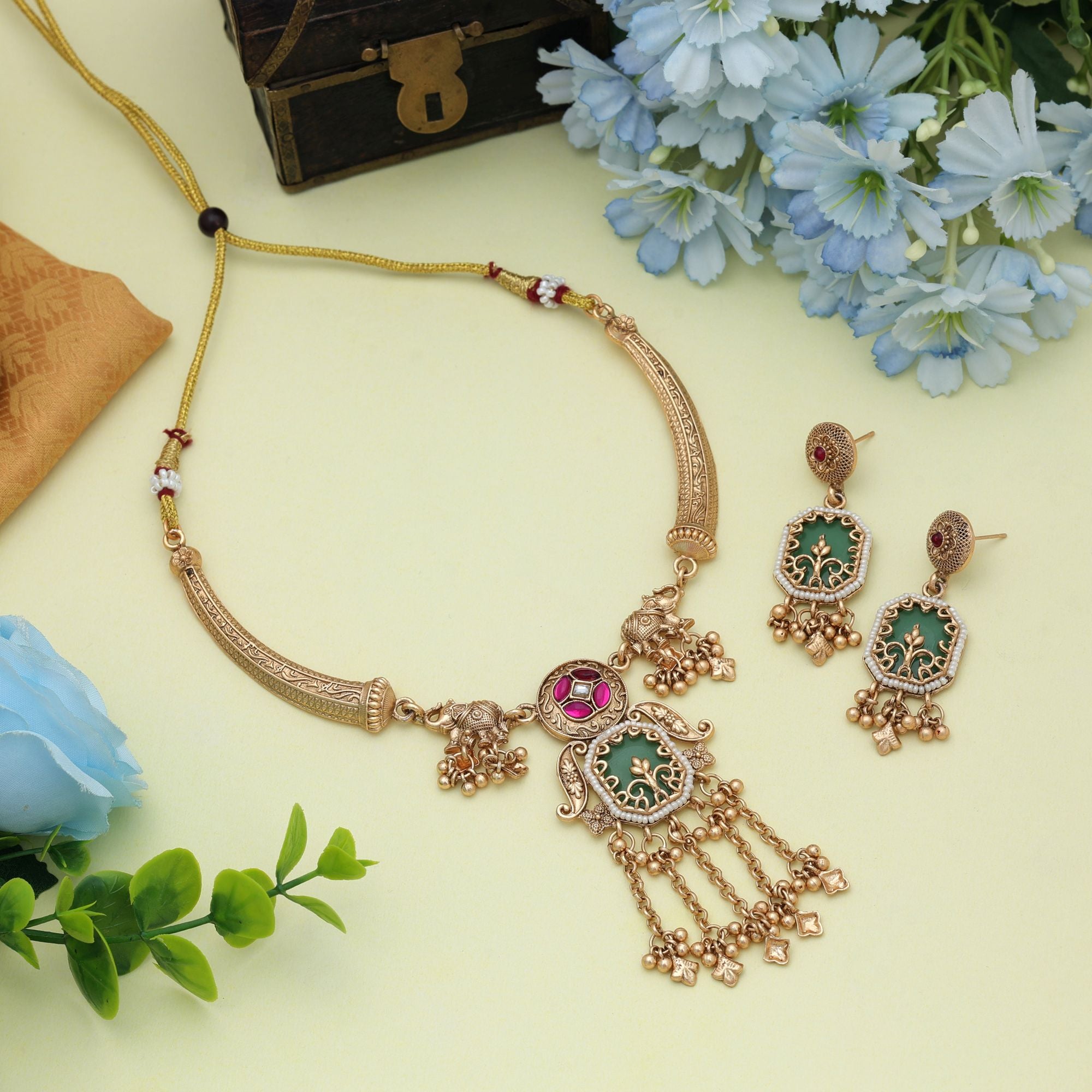 Rani & Green Color Matte Gold Necklace Set Stylish Traditional Occasion Wear Jewelry Collection - Rani & Green