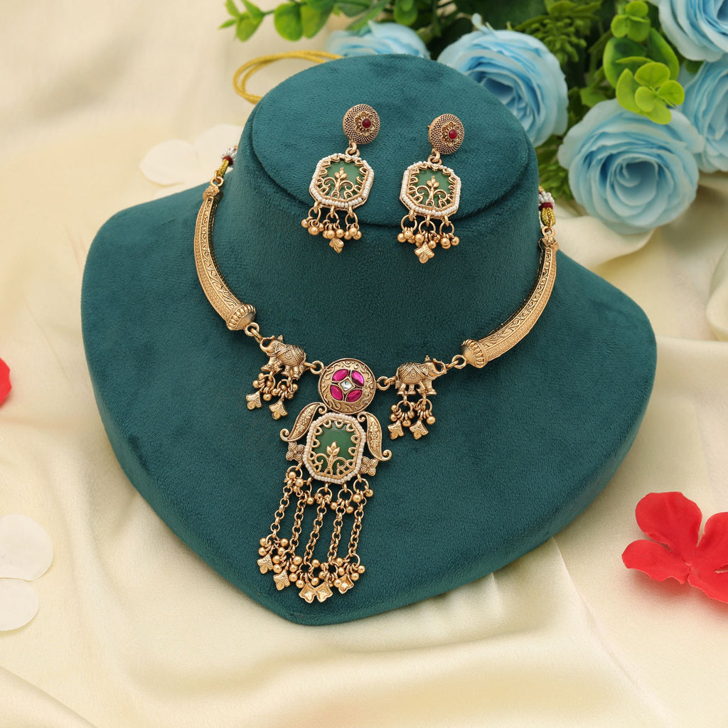 Rani & Green Color Matte Gold Necklace Set Stylish Traditional Occasion Wear Jewelry Collection - Rani & Green