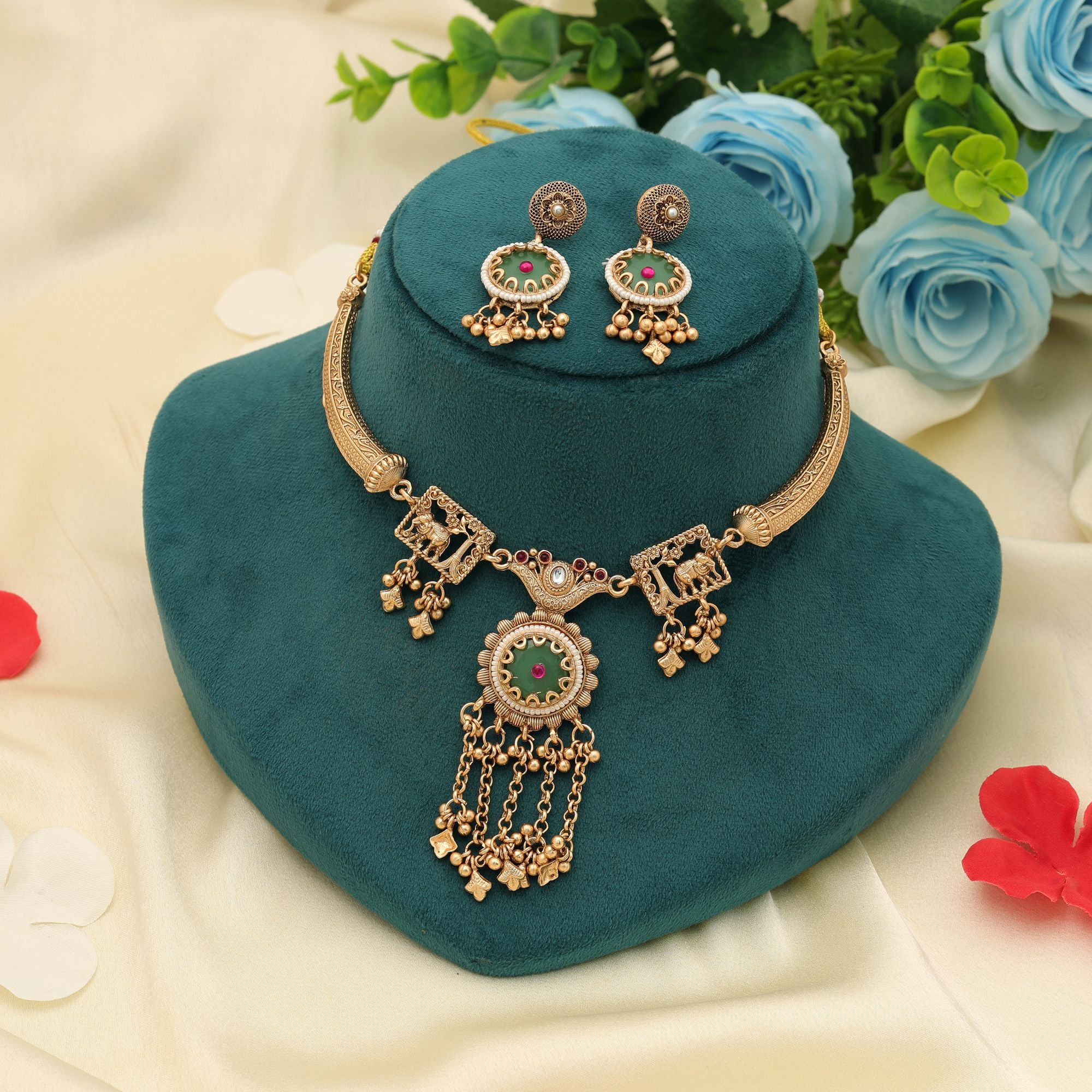 Rani & Green Color Matte Gold Necklace Set Classic Ethnic Bridal Statement Jewelry Design - Rani & Green