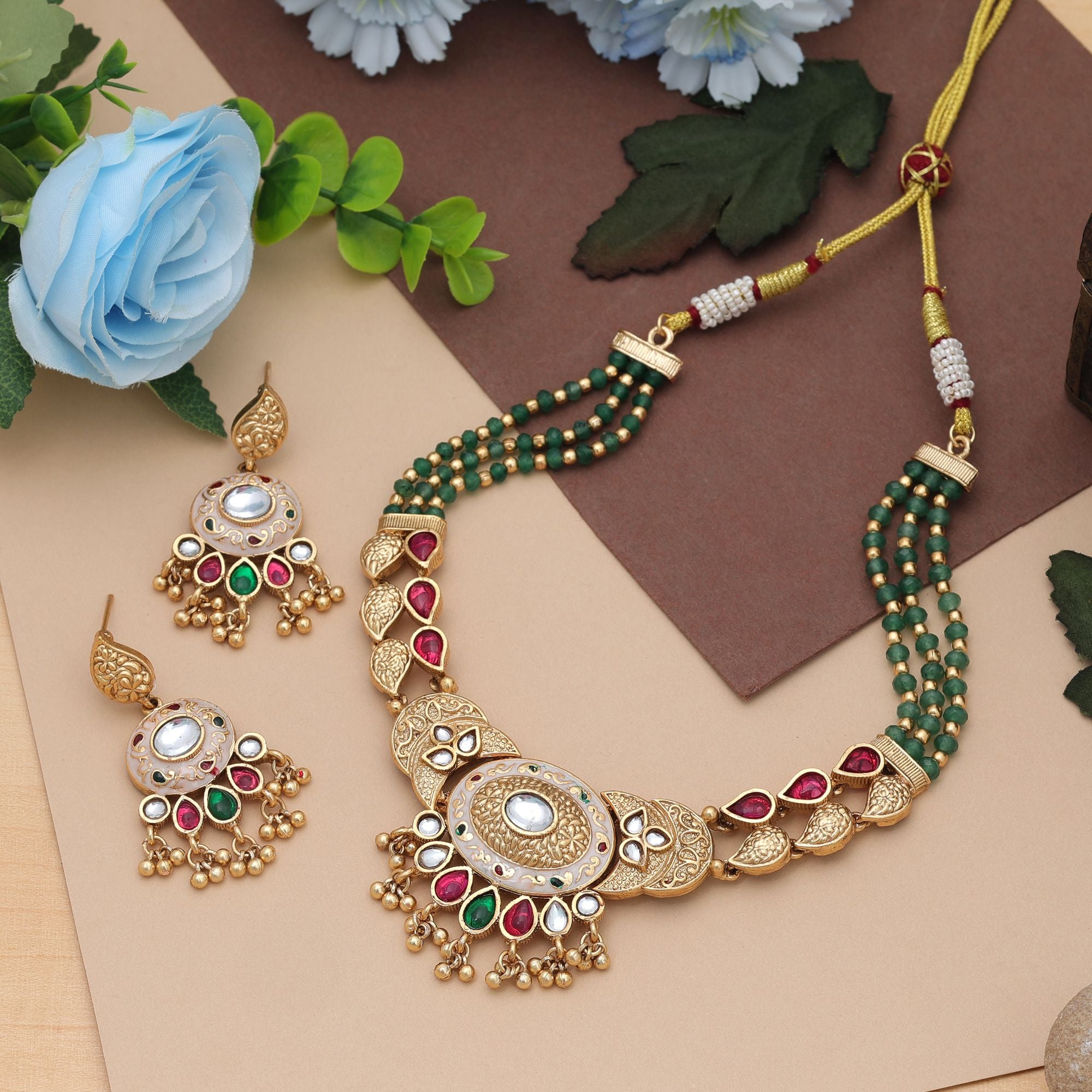 Rani & Green Color Matte Gold Necklace Set Trendy Festive Traditional Party Wear Jewelry - Rani & Green