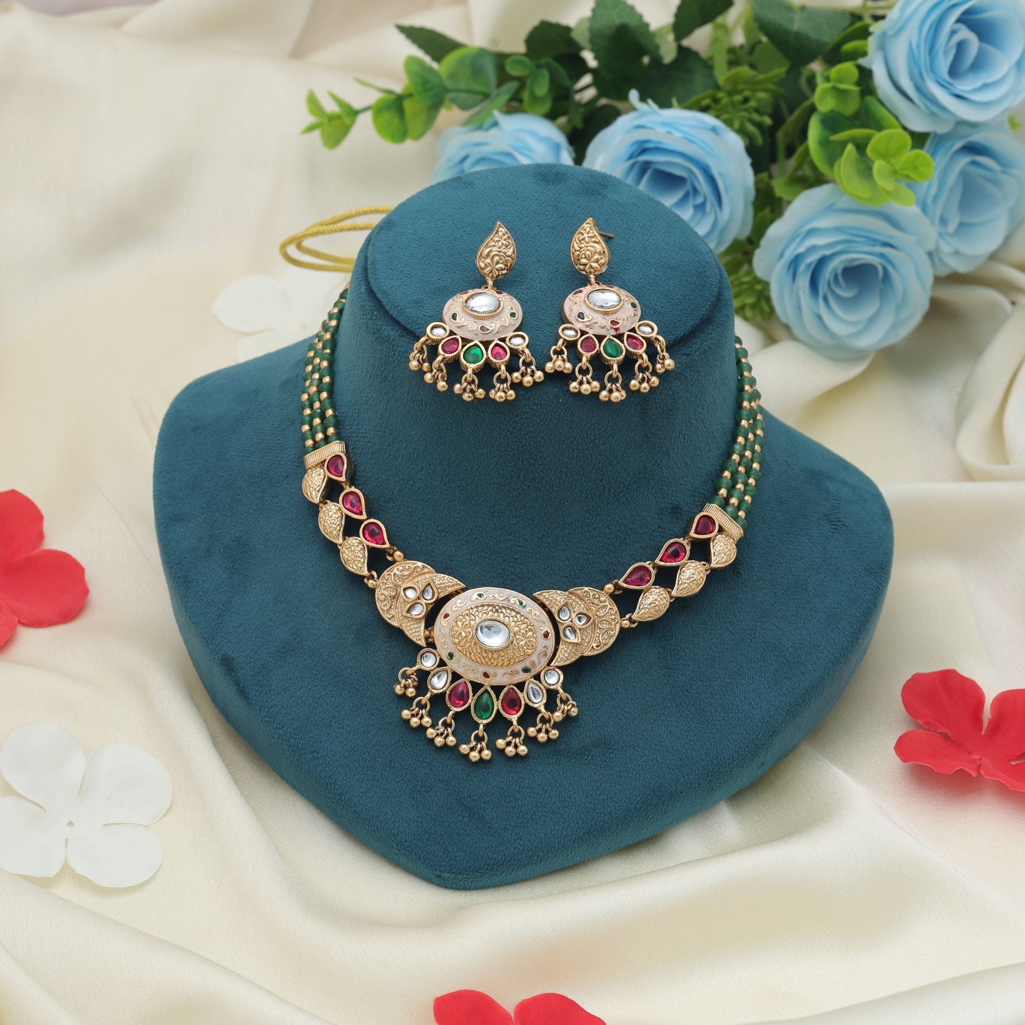 Rani & Green Color Matte Gold Necklace Set Trendy Festive Traditional Party Wear Jewelry - Rani & Green