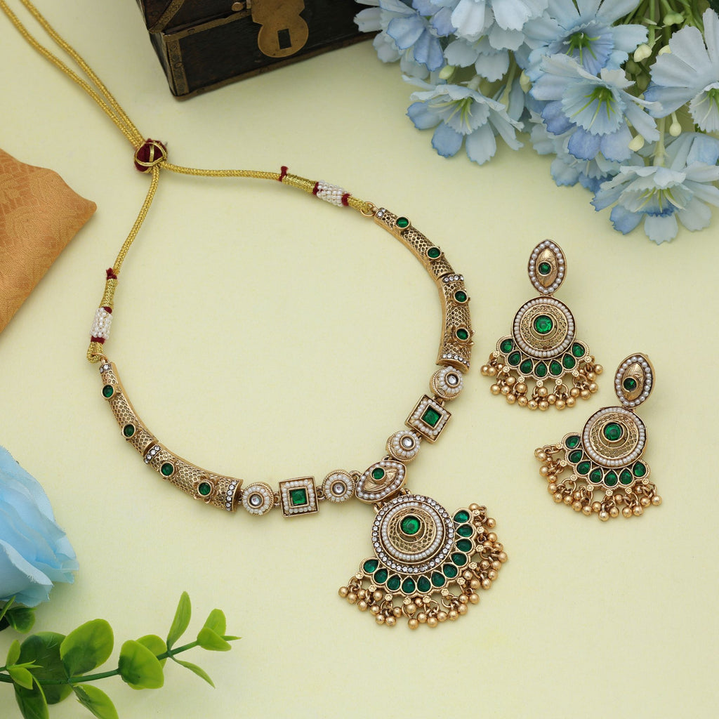 Green Color Matte Gold Necklace Set Elegant Daily Wear Traditional Ethnic Jewelry Collection - Green