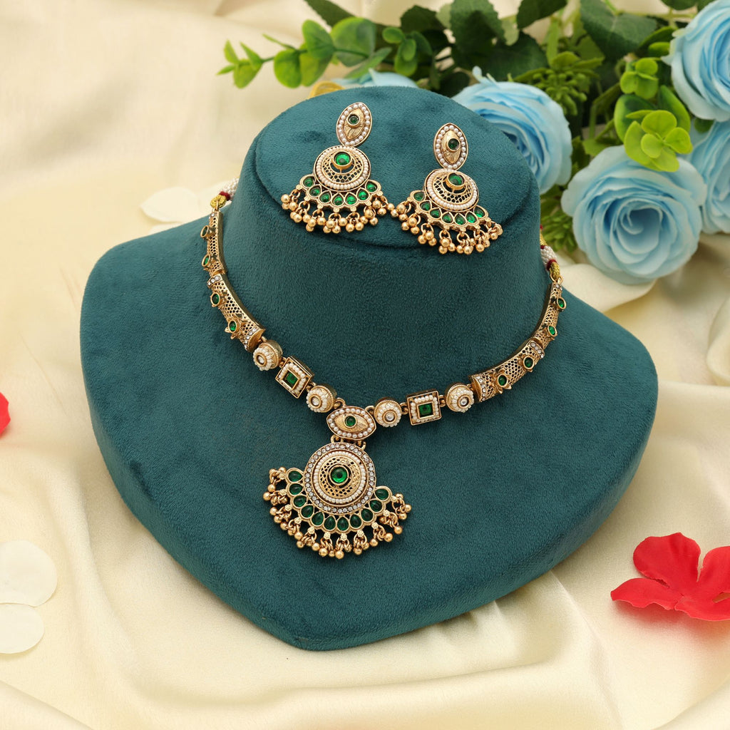 Green Color Matte Gold Necklace Set Elegant Daily Wear Traditional Ethnic Jewelry Collection - Green