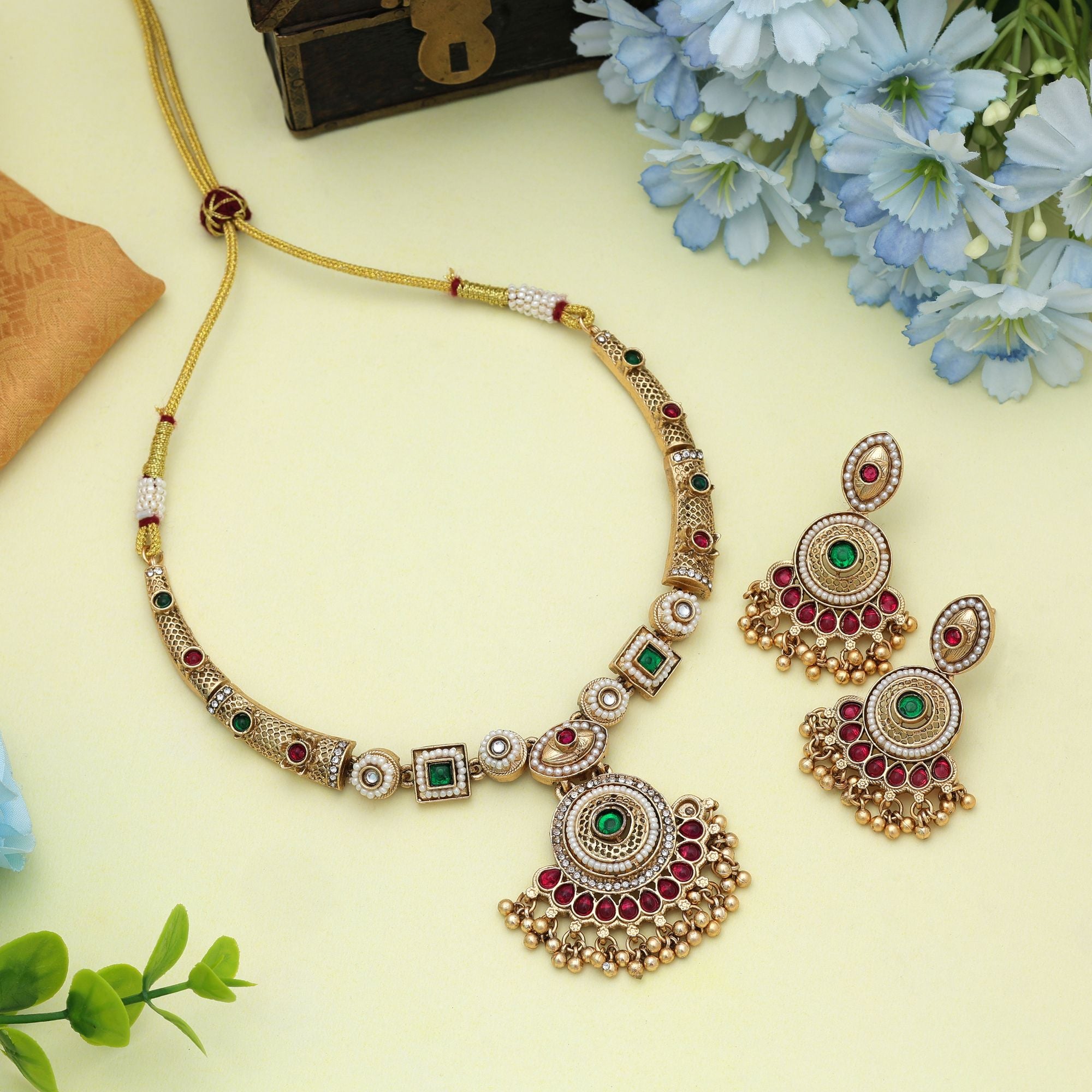 Rani & Green Color Matte Gold Necklace Set Royal Designer Festive Party Wear Jewelry - Rani & Green