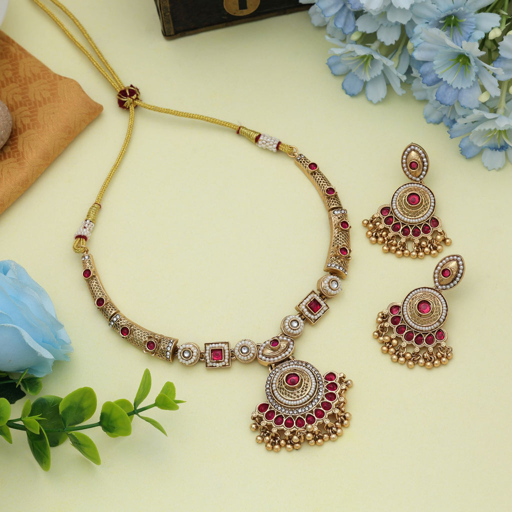 Rani Color Matte Gold Necklace Set Classic Ethnic Traditional Party Wear Jewelry Collection - Rani