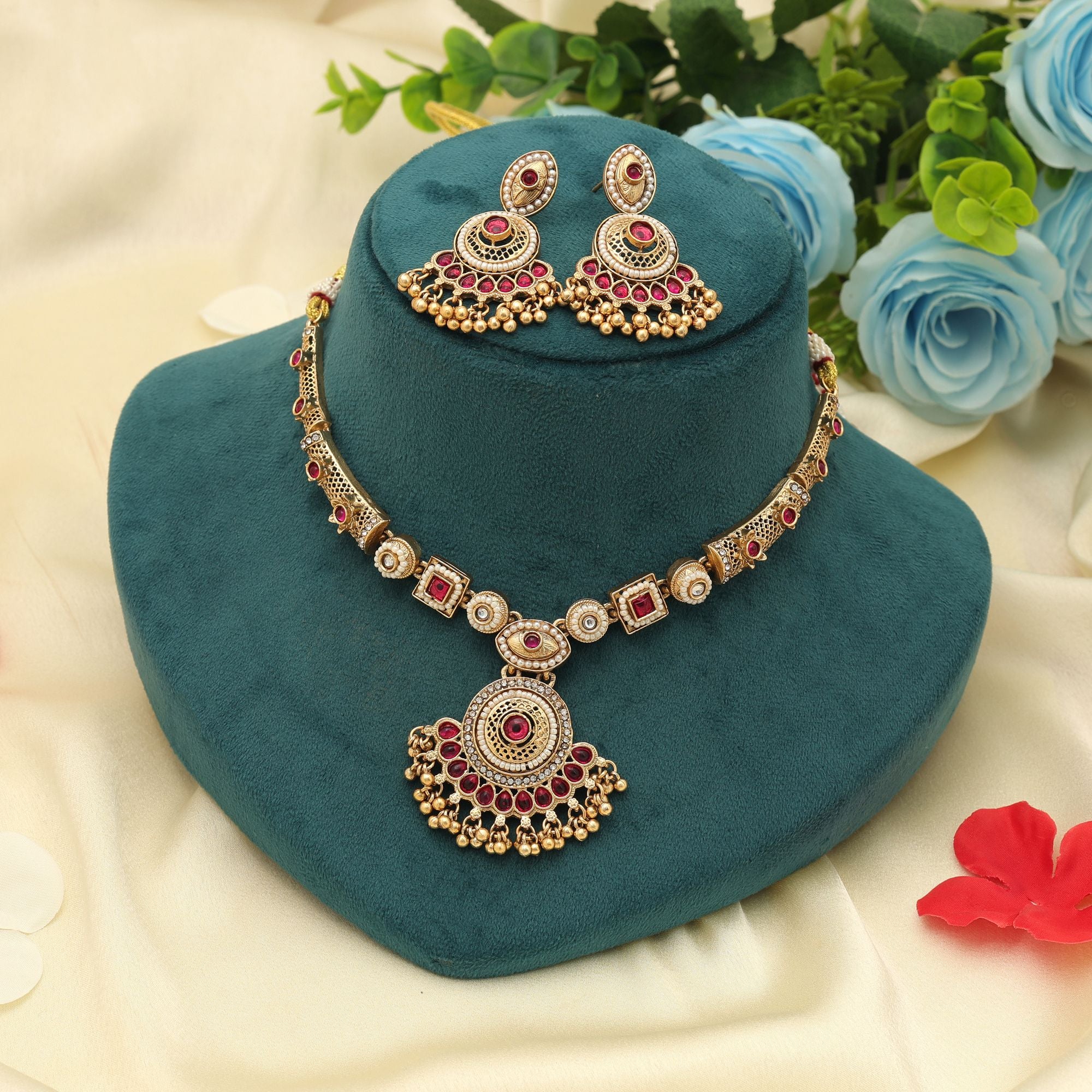 Rani Color Matte Gold Necklace Set Classic Ethnic Traditional Party Wear Jewelry Collection - Rani