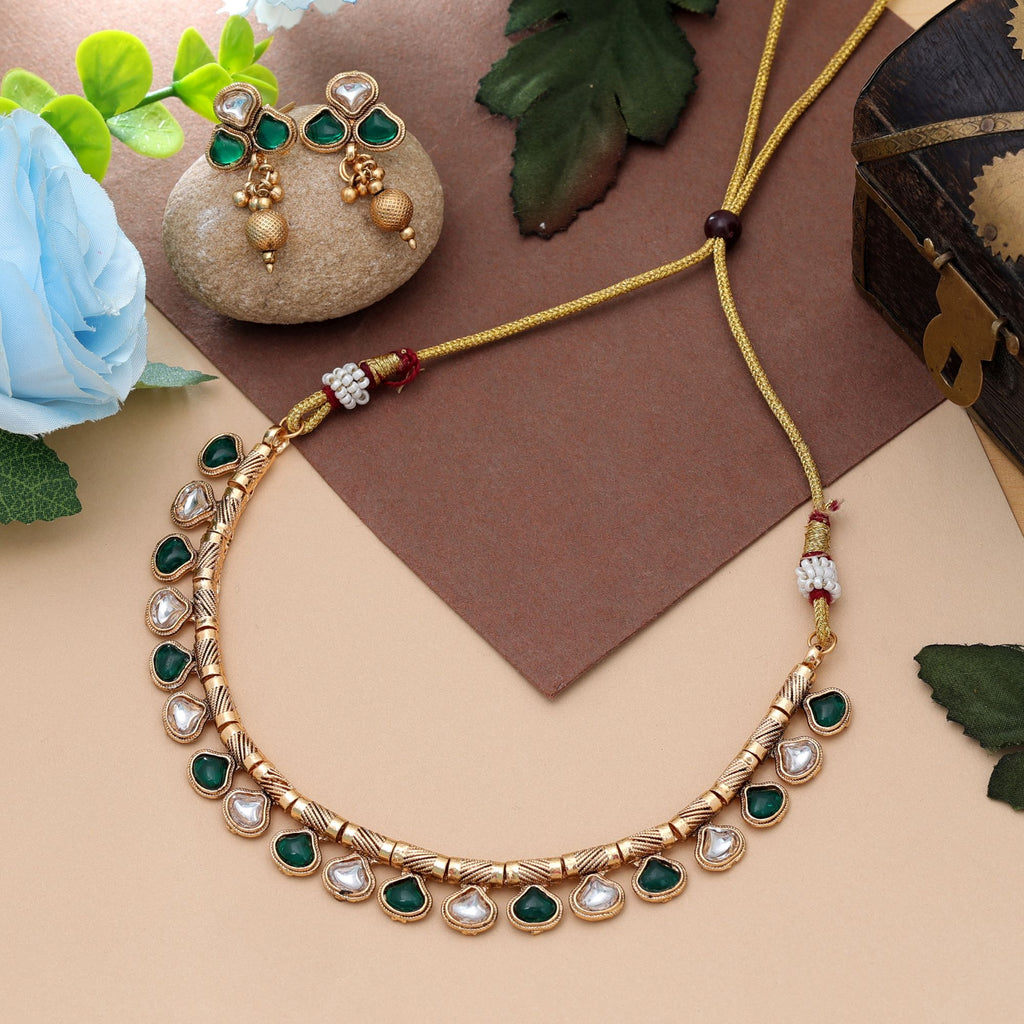 Green Color Matte Gold Necklace Set Trendy Traditional Festive Party Wear Jewelry Design - Green