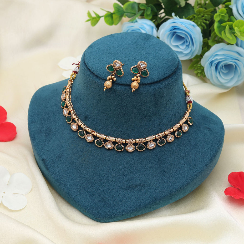 Green Color Matte Gold Necklace Set Trendy Traditional Festive Party Wear Jewelry Design - Green