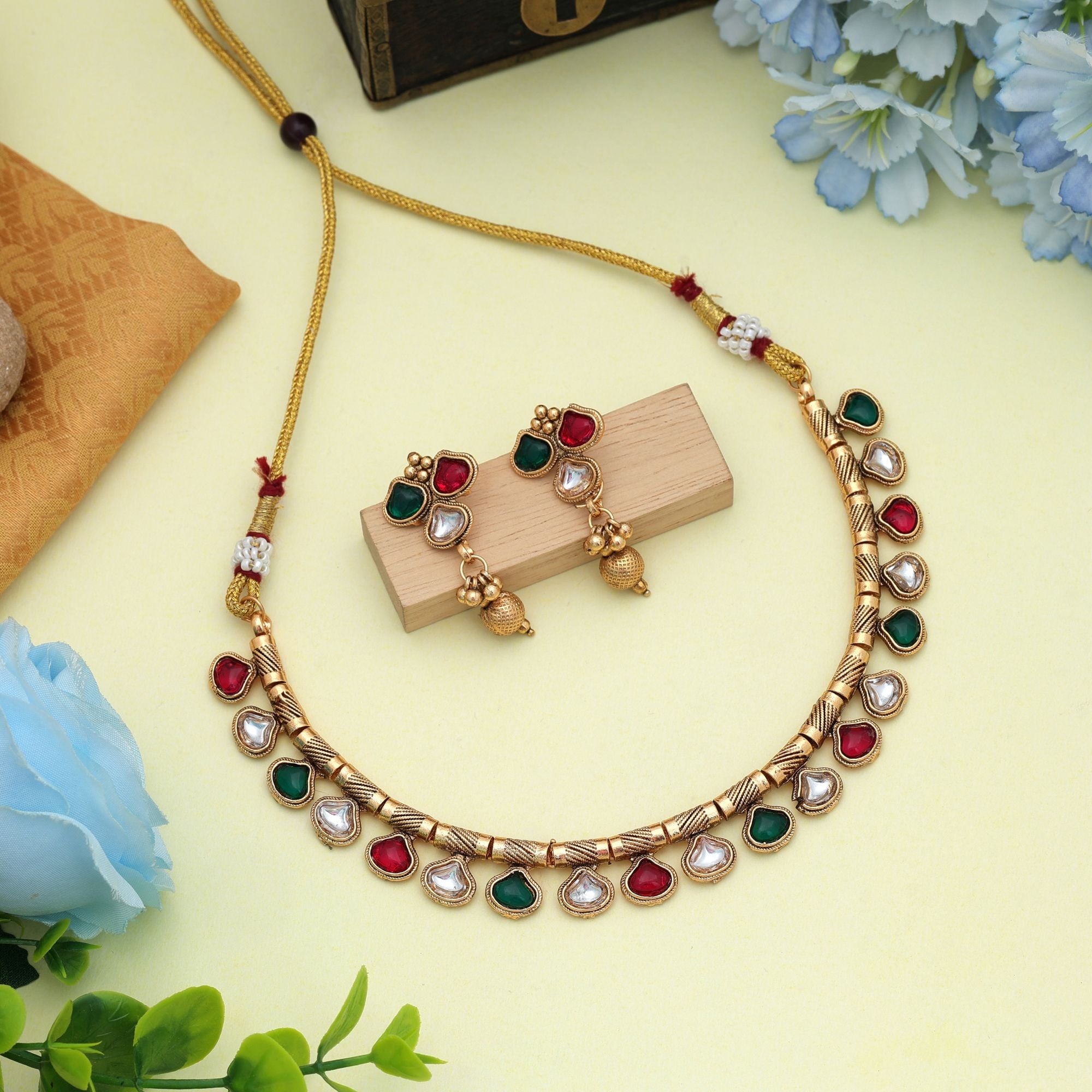 Rani & Green Color Matte Gold Necklace Set Elegant Designer Traditional Party Wear Jewelry - Rani & Green