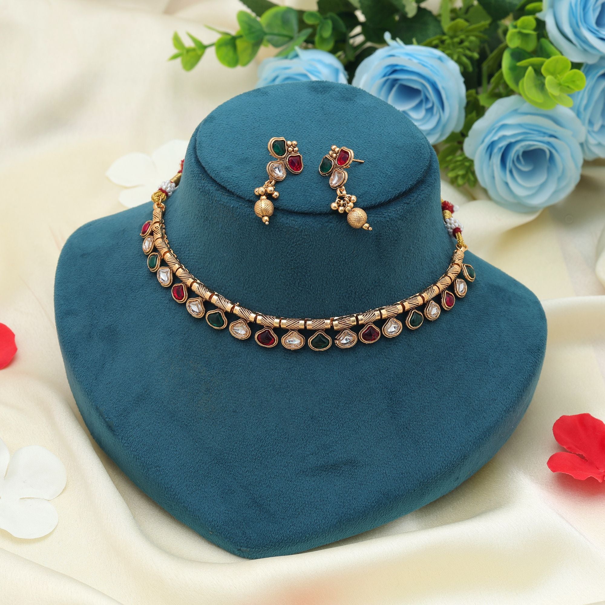 Rani & Green Color Matte Gold Necklace Set Elegant Designer Traditional Party Wear Jewelry - Rani & Green