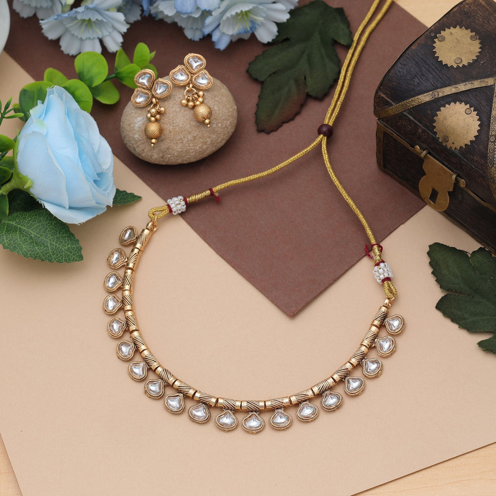 White Color Matte Gold Necklace Set Stylish Modern Ethnic Daily Wear Jewelry Collection - White