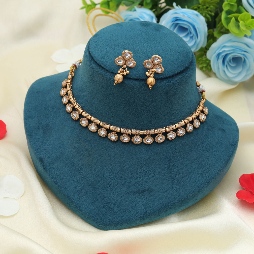 White Color Matte Gold Necklace Set Stylish Modern Ethnic Daily Wear Jewelry Collection - White
