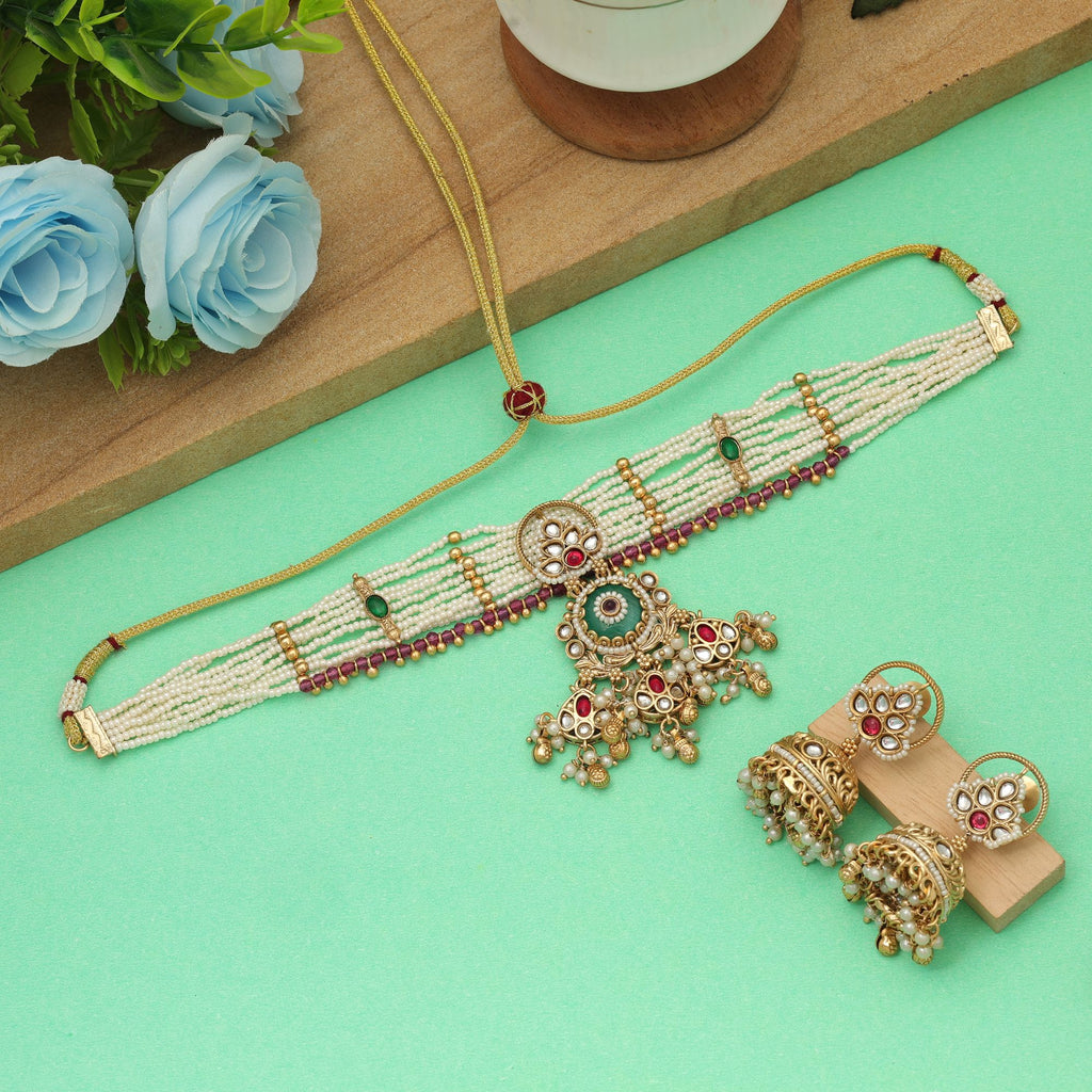 Rama Green Color Choker Matte Gold Necklace Set Stylish Ethnic Festive Jewelry Design - Rama Green
